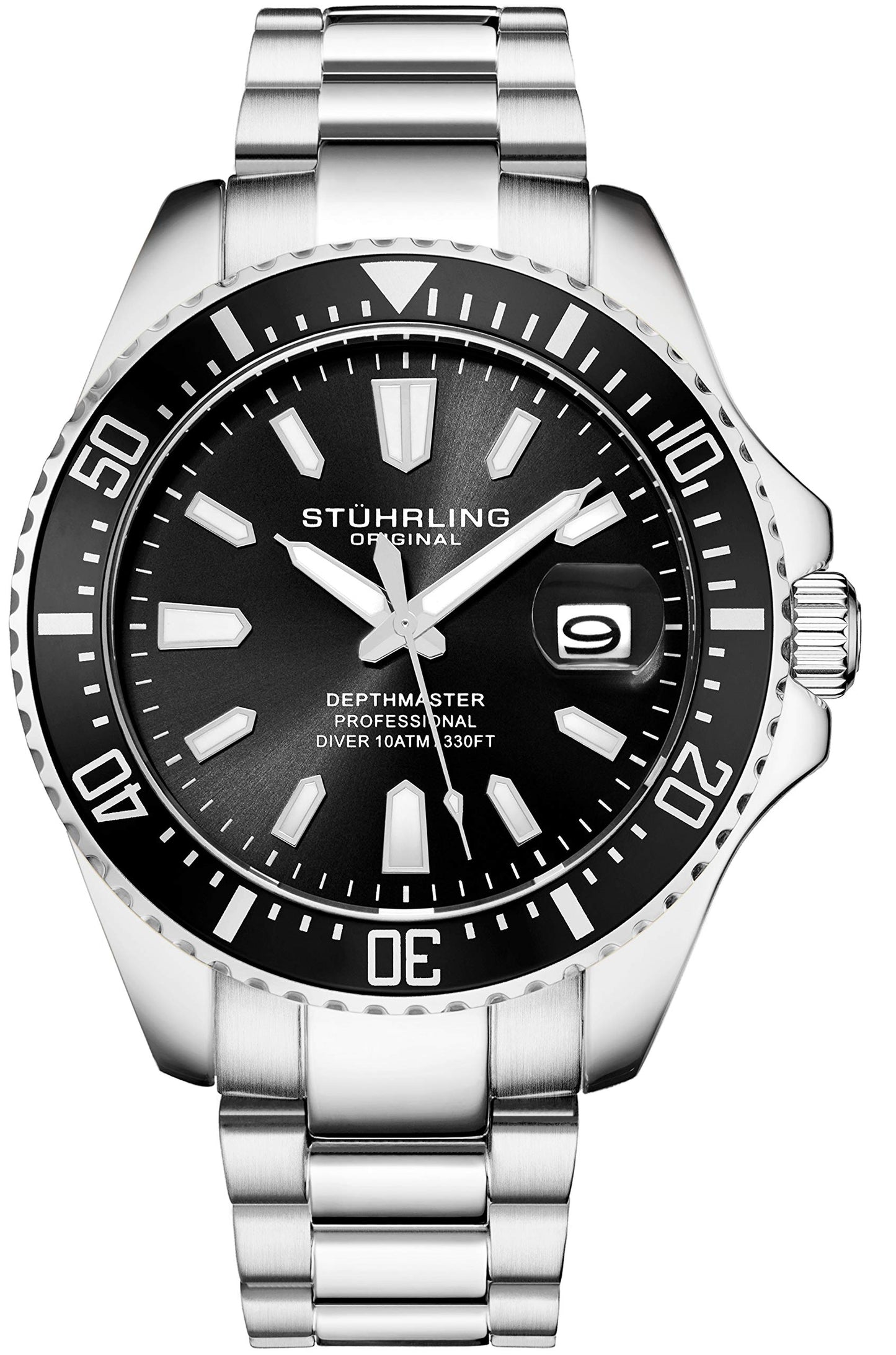 Stuhrling Analogue Diver, Black Dial, Black Bezel, Stainless Steel Men's Bracelet Watch