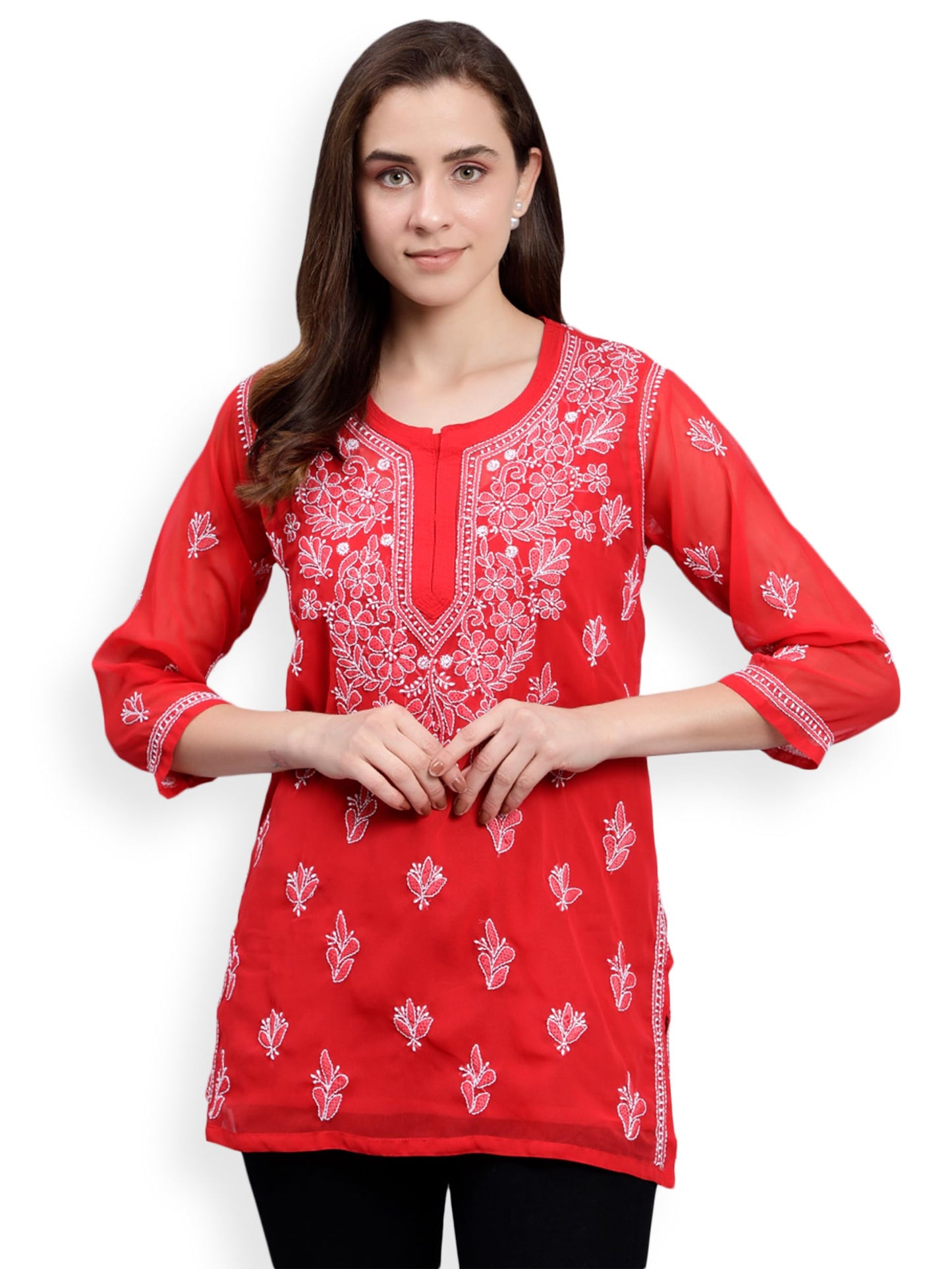 Seva Chikan Hand Embroidered Red Georgette Lucknowi Chikankari Top with Slip (Red)