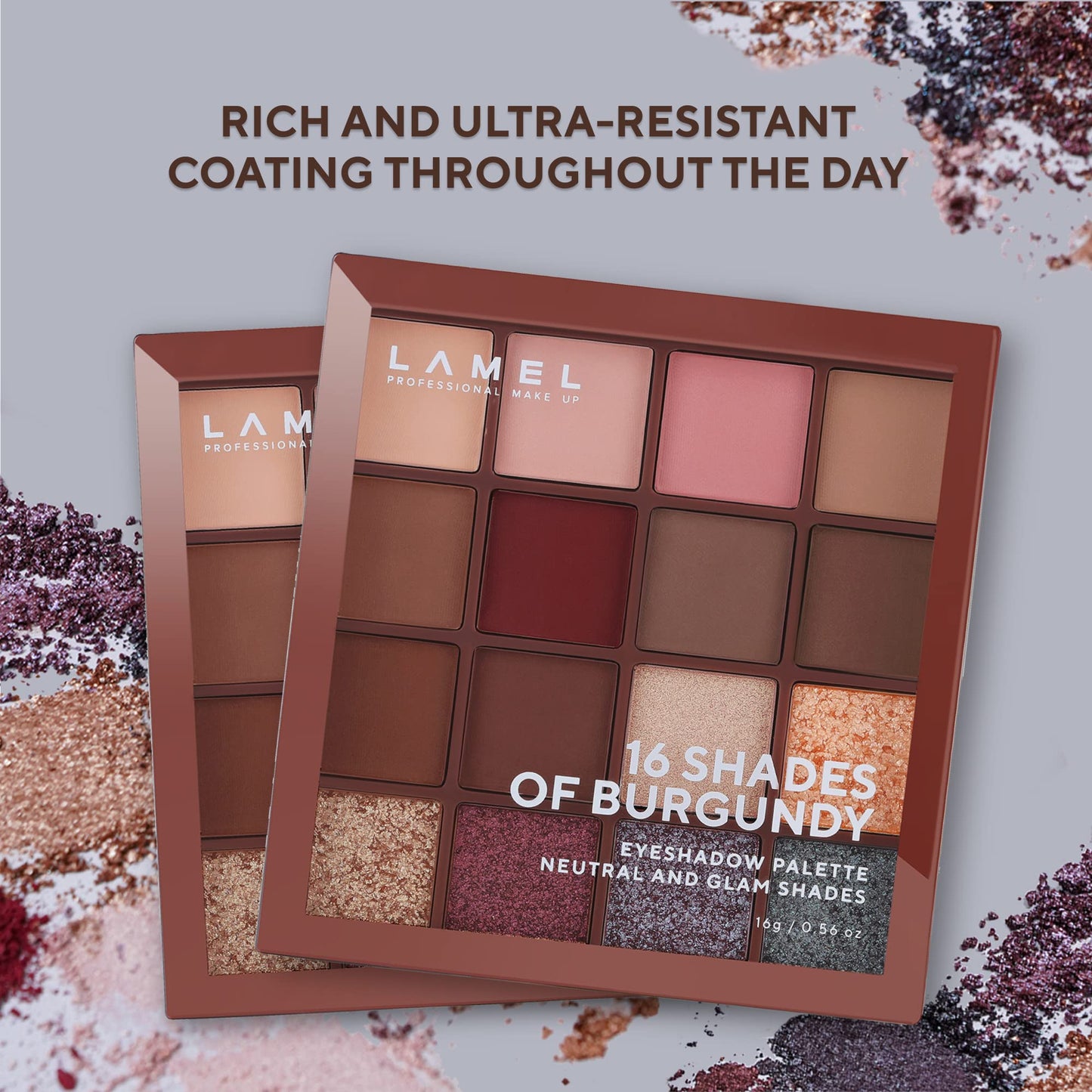 Lamel- 16 Shades of Burgundy- Eyeshadow Palette | Silky-smooth, creamy eyeshadows | Rich pigment |Does not crease or smudge |Perfect for casual and dramatic looks | Ultra blendable formula | 16 gm