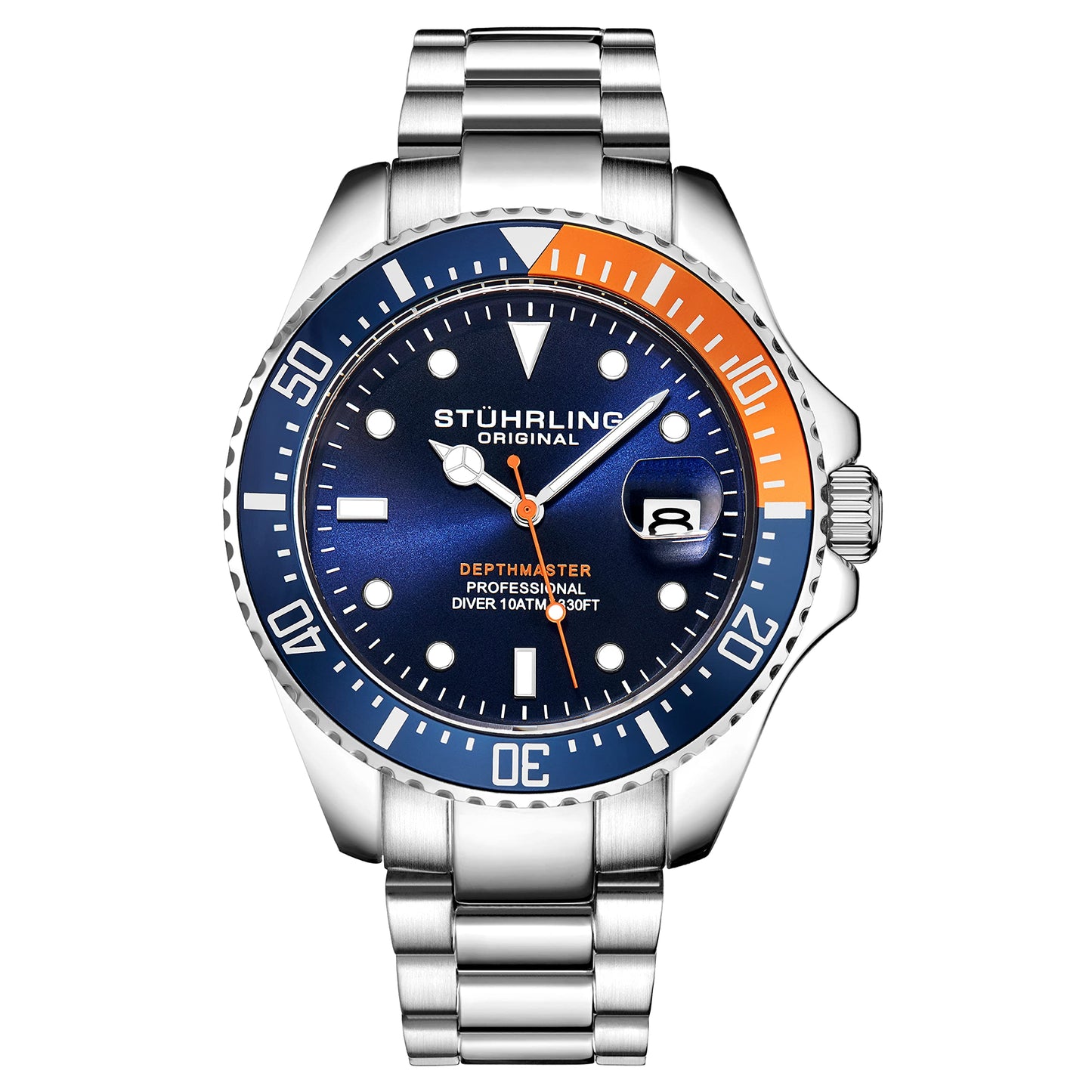 Stuhrling Original Men's Watches Pro Dive Watch Sports Watch with 42 MM Case Blue Dial Stainless Steel Silver Bracelet Diving Watch for Men, Blue/Orange, Diver,Quartz Movement