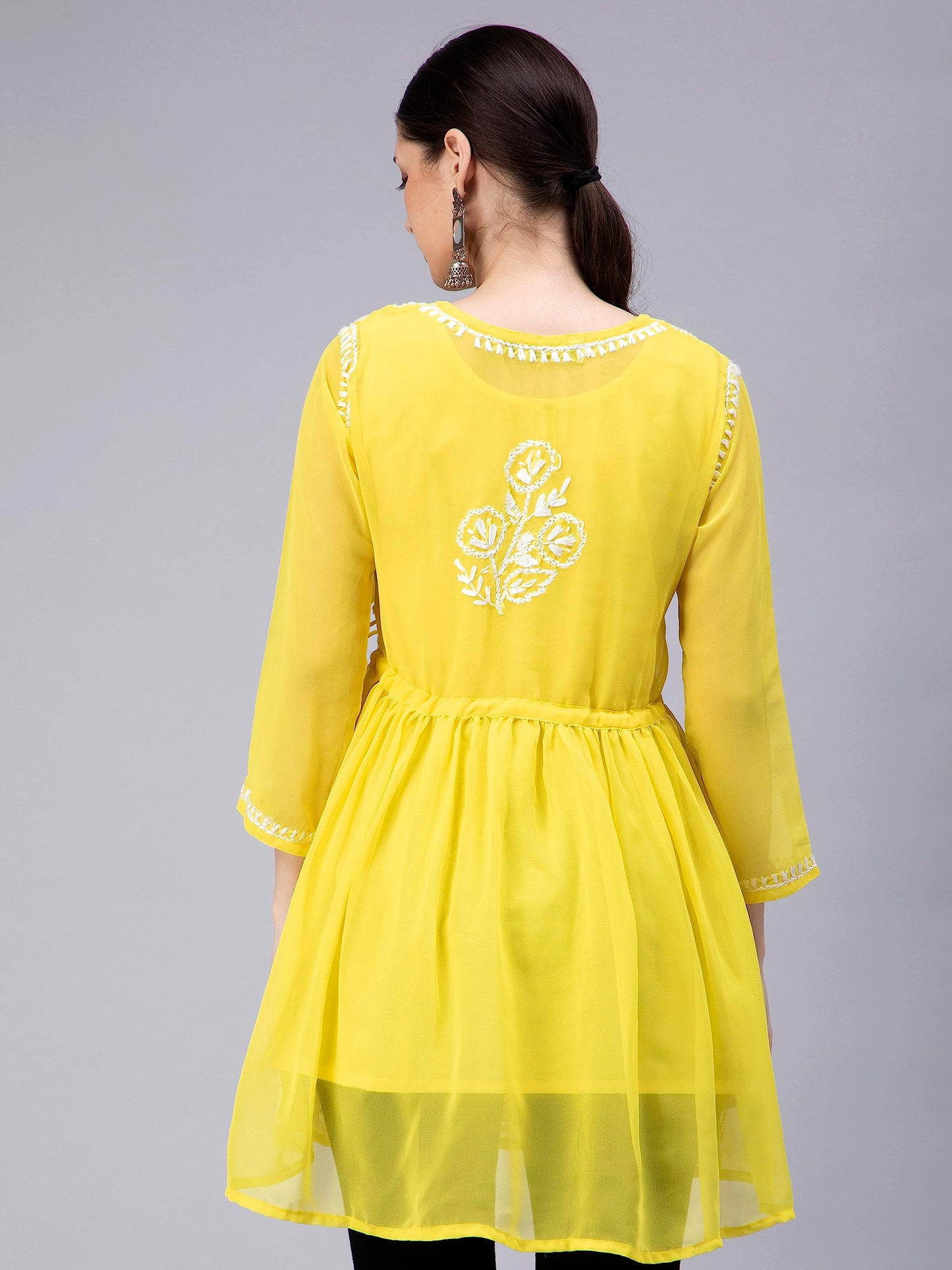 Seva Chikan Hand Embroidered Lucknowi Chikankari Yellow Georgette Women's Top with Inner Slip (Yellow)