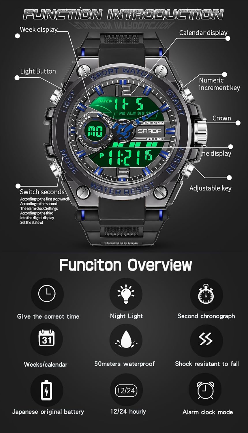FORSINING Men's Military Watches Sports Waterproof Watch Analog Digital Sport Watch Electronic Tactical Army Watches for Men Date Multi Function LED Alarm Stopwatch, Blue, sport