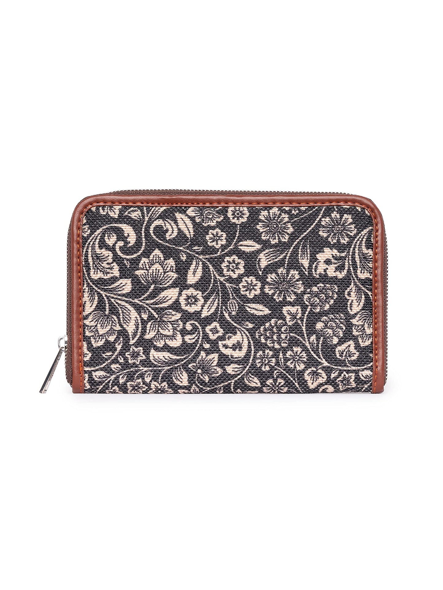 ZOUK Fabric Vegan Leather and Jute with Mobile Phone Pocket FloMotif Print Handmade Classic Women's Wallet (Brown)