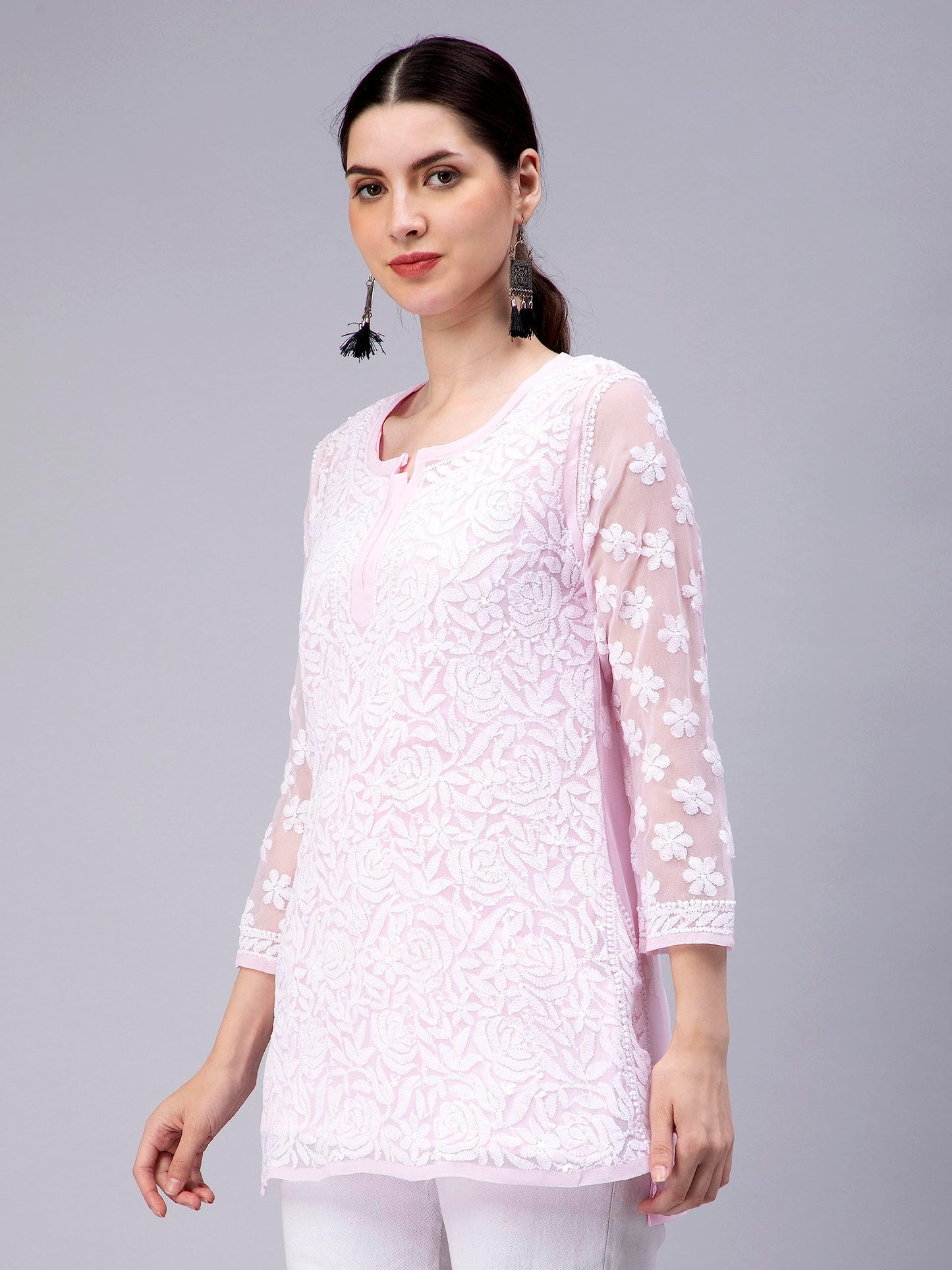 Seva Chikan Hand Embroidered Lucknowi Chikankari Pink Georgette Women Short Top & Tunic (Pink)