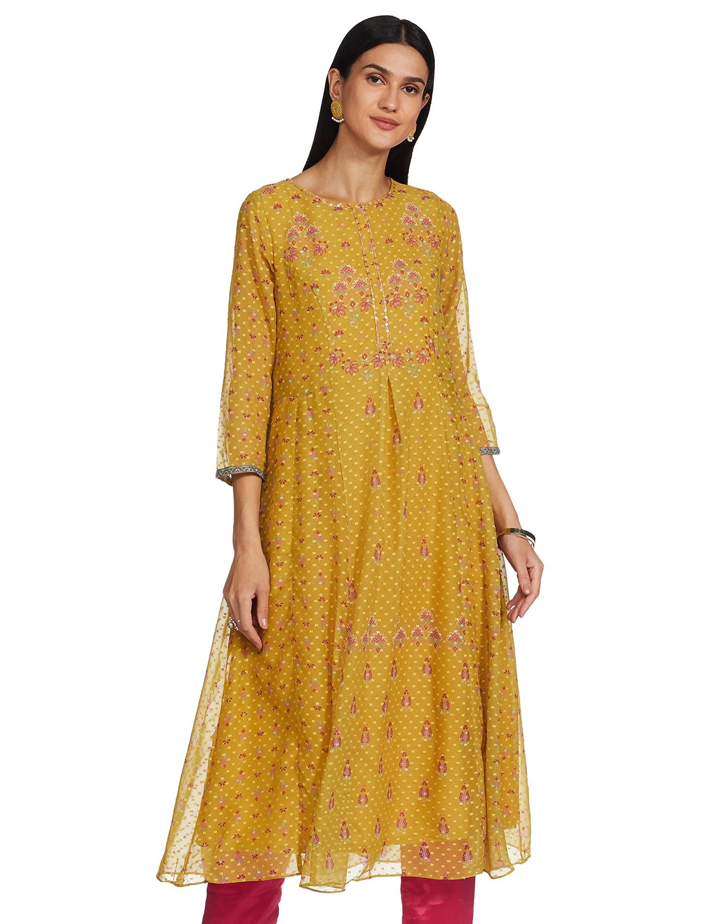 global desi Geometric V Neck Polyester Womens Fit and Flare Dress (Mustard)