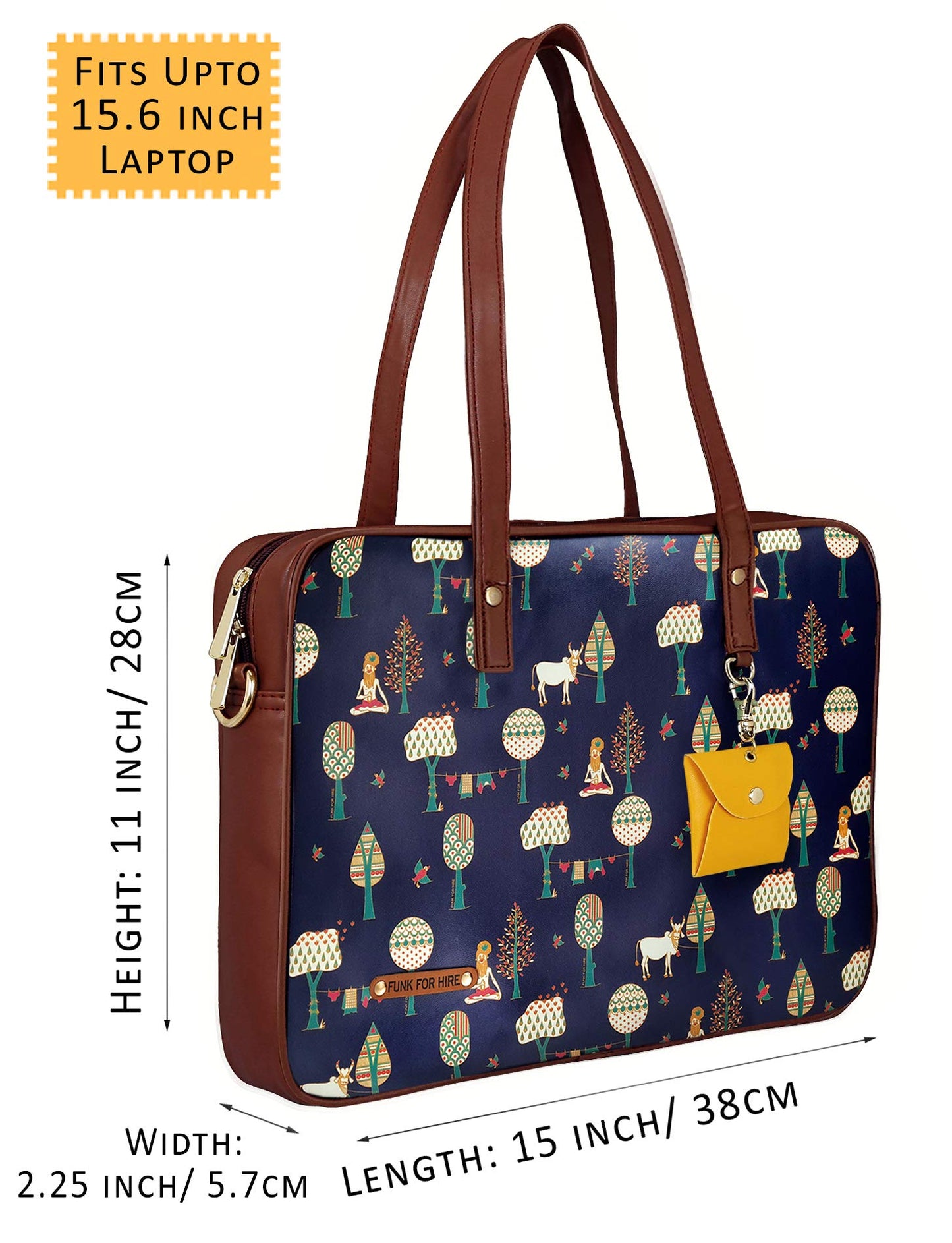 Funk For Hire Women Printed Faux Leather 15.6" Laptop Handbag/Sling Bag Navy Blue And Brown