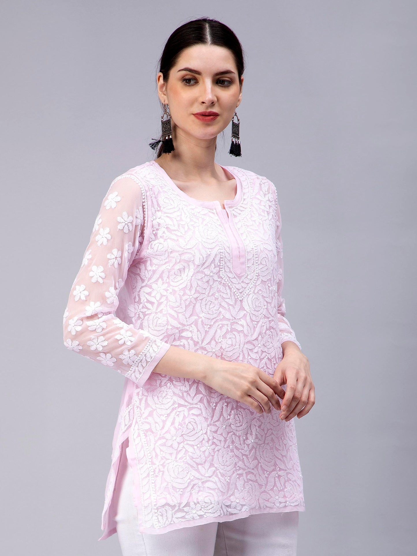 Seva Chikan Hand Embroidered Lucknowi Chikankari Pink Georgette Women Short Top & Tunic (Pink)