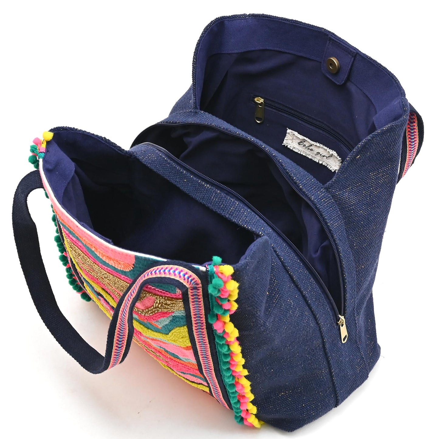 Boho Girl Rainbow Waves Embellished Tote | Hand Beaded Navy Blue Jacquard Tote | Handcrafted Bag for Women | Multicolour Bead Embellished Handbag