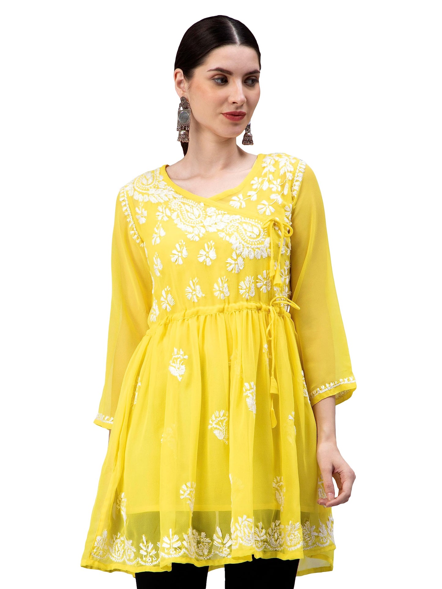 Seva Chikan Hand Embroidered Lucknowi Chikankari Yellow Georgette Women's Top with Inner Slip (Yellow)