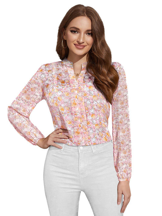 KERI PERRY Women's Peach Georgette Floral Straight Western Top | Winter Top | Western Top | Top for Women | Latest Women Top | Trendy Women Top