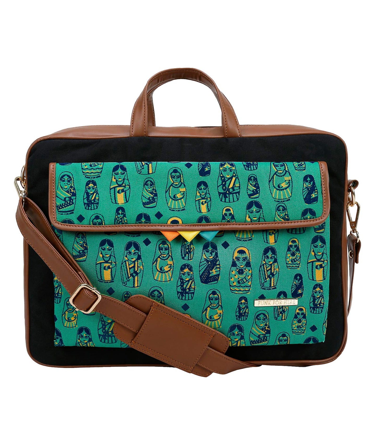 Funk For Hire Printed One Pocket Cotton Canvas Unisex 13 to 14 inch Laptop Bag Turquoise and Navy