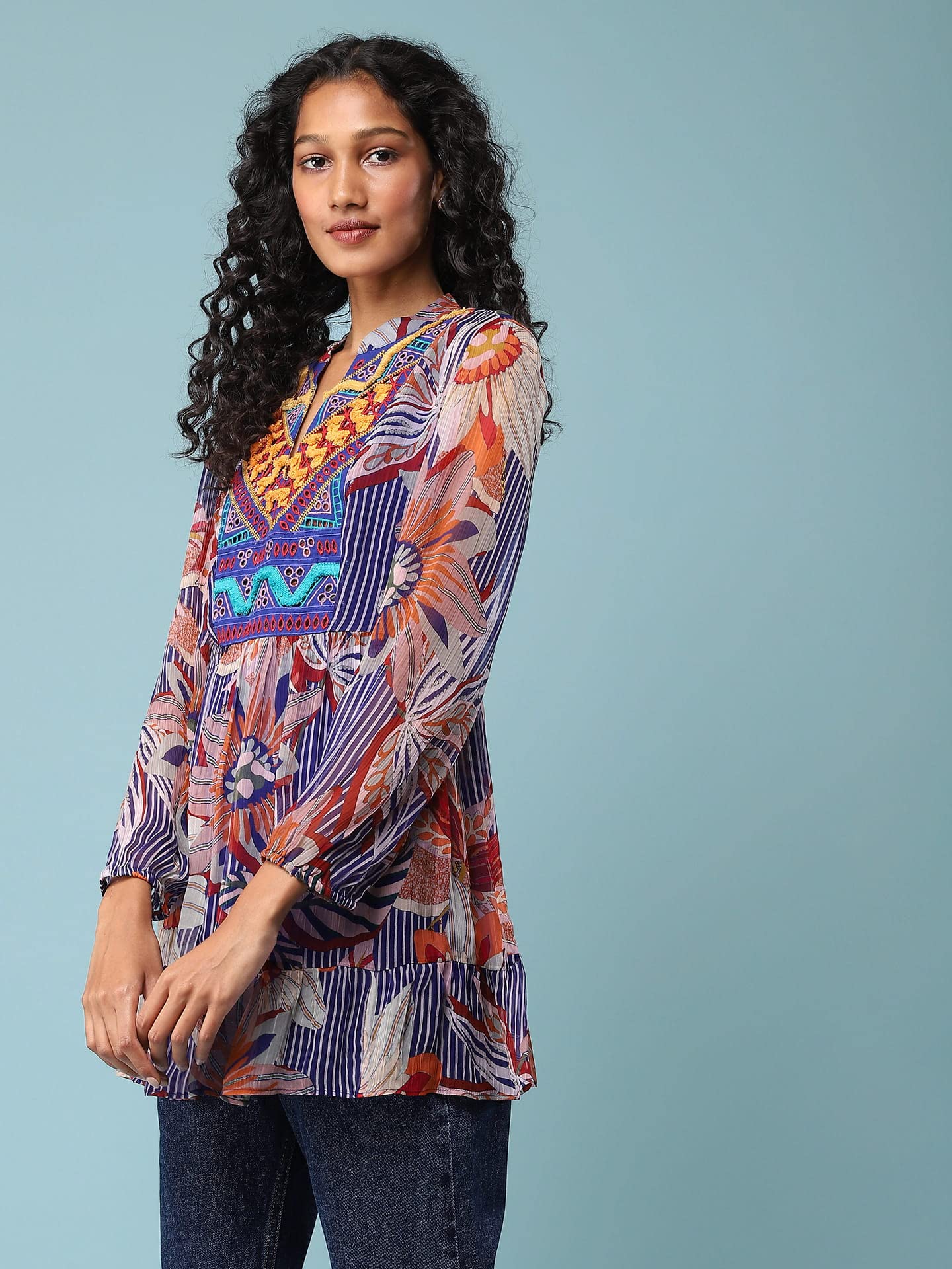 Aarke Ritu Kumar Round Neck Long Sleeve Casual Top Multicolour