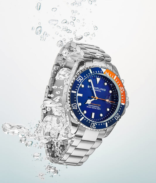 Stuhrling Original Men's Watches Pro Dive Watch Sports Watch with 42 MM Case Blue Dial Stainless Steel Silver Bracelet Diving Watch for Men, Blue/Orange, Diver,Quartz Movement