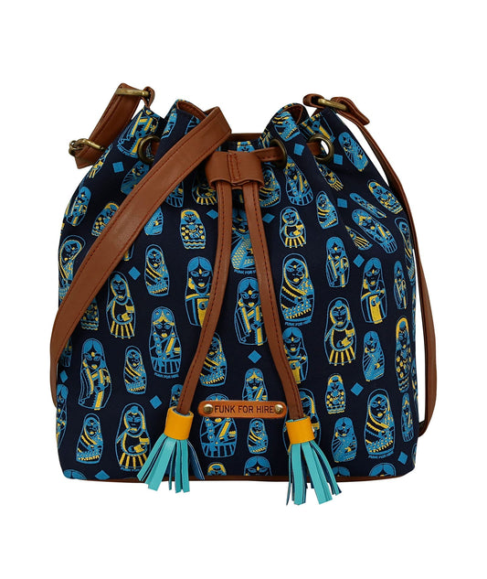 Funk For Hire Navy Blue Printed Canvas Bucket Drawstring Crossbody Sling Bag for Women