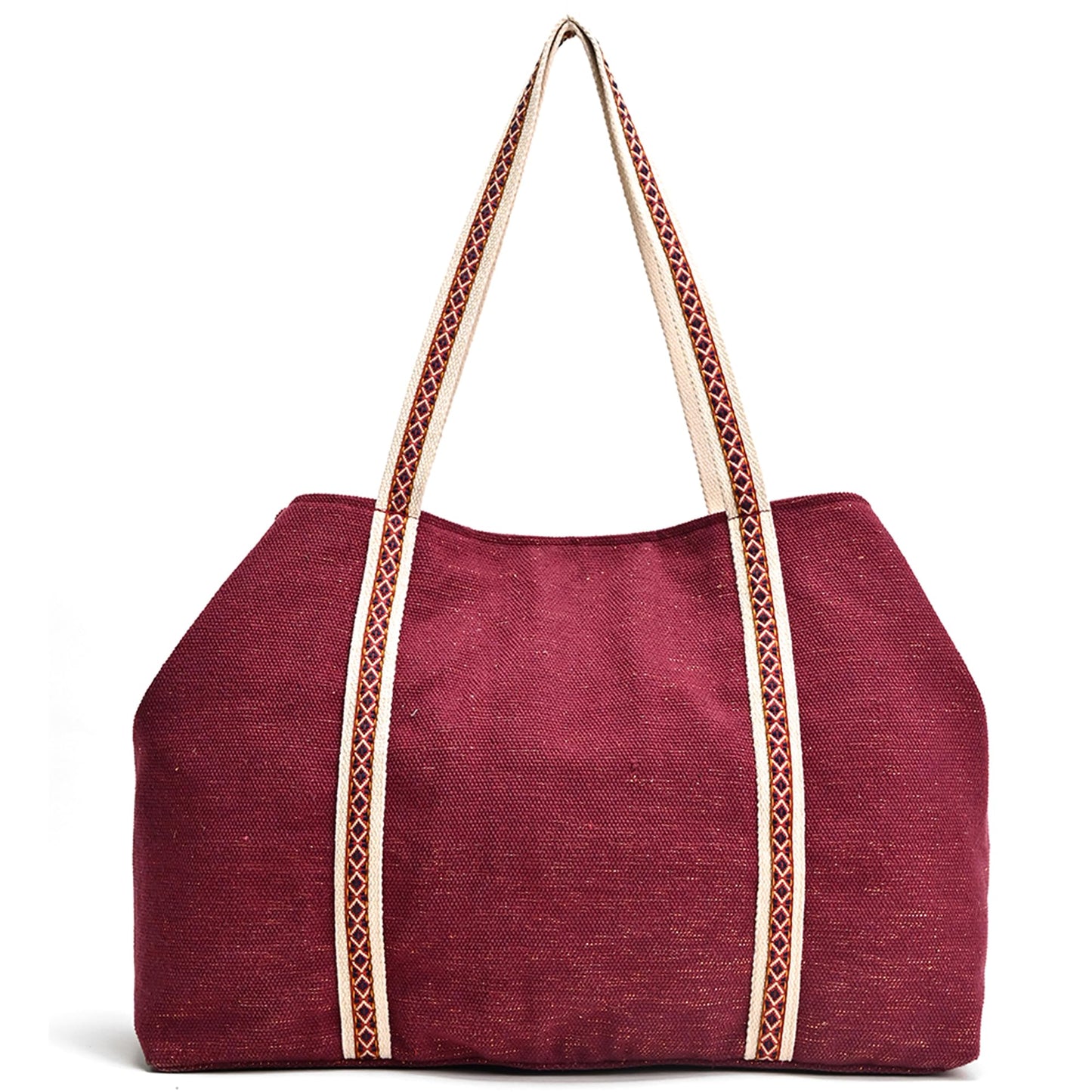 Boho Girl Geometric Beaded Maroon Tote with Pompom Tassles | Canvas Tote Bag for Women and Girls with Zip and Tassels