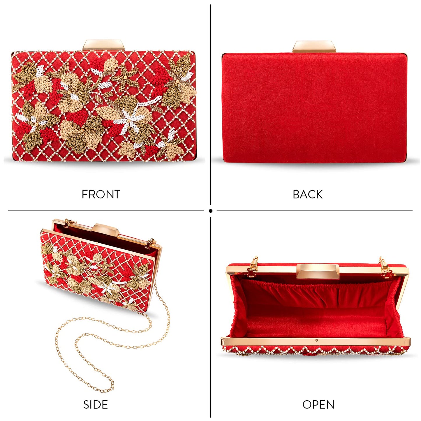 Peora Clutch Purses for Women Wedding Handmade Evening Handbags Party Bridal Clutch Red