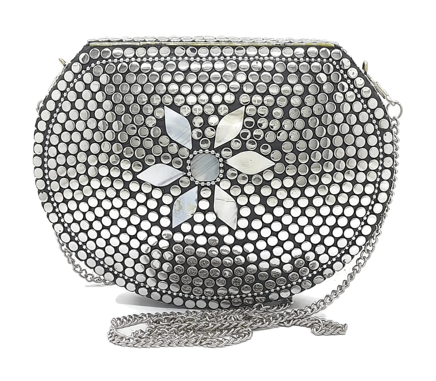 Trend Overseas Silver metal Beaded Ethnic purse Girls Bridal Bag cross body bag for women/Girl party clutch Metal clutches Vintage Brass (MOP Flower)