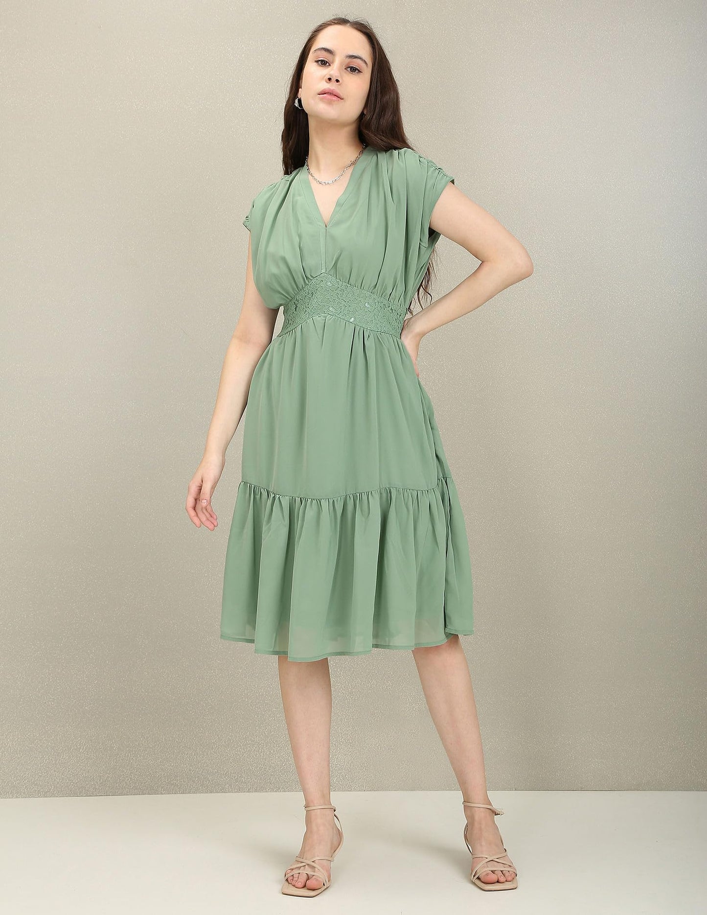 U.S. POLO ASSN. Women's Polyester Empire Waist Knee-Length Dress (Green)