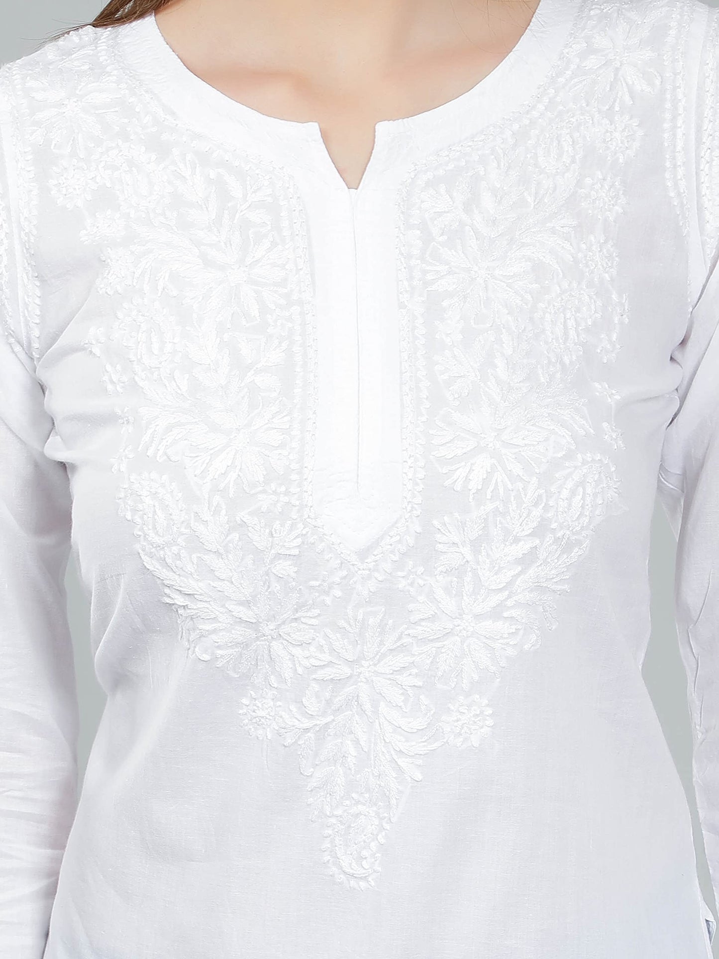 Seva Chikan Hand Embroidered Lucknowi Chikankari White Cotton Short Top Tunic for Women (White)