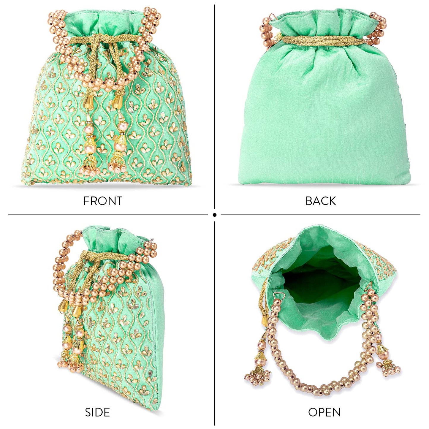 Peora Mint Potli Bags for Women Evening Bag Clutch Ethnic Bride Purse with Drawstring