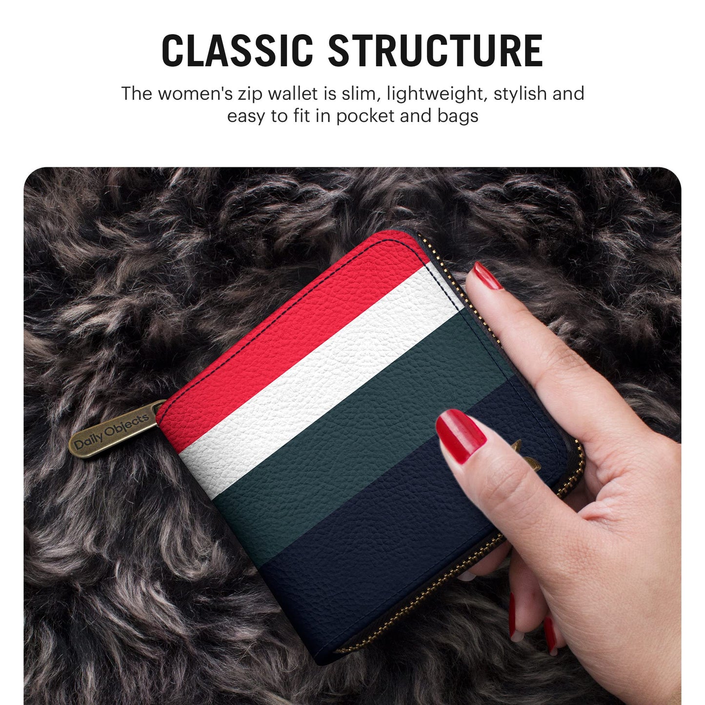 DailyObjects Deep Quad Women's Zip Wallet | Made with Leather Material | Carefully Handcrafted | Holds up to 8 Cards | Slim and Easy to Fit in Pocket | Coin Pocket with Button Closure