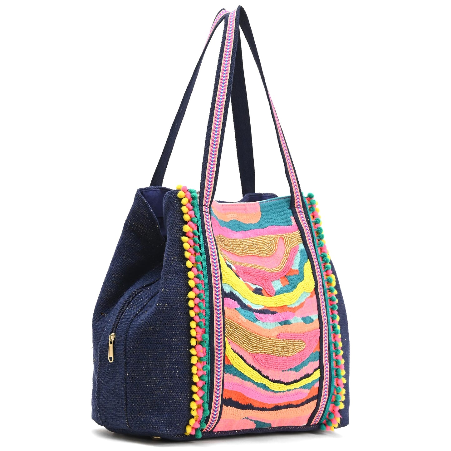 Boho Girl Rainbow Waves Embellished Tote | Hand Beaded Navy Blue Jacquard Tote | Handcrafted Bag for Women | Multicolour Bead Embellished Handbag