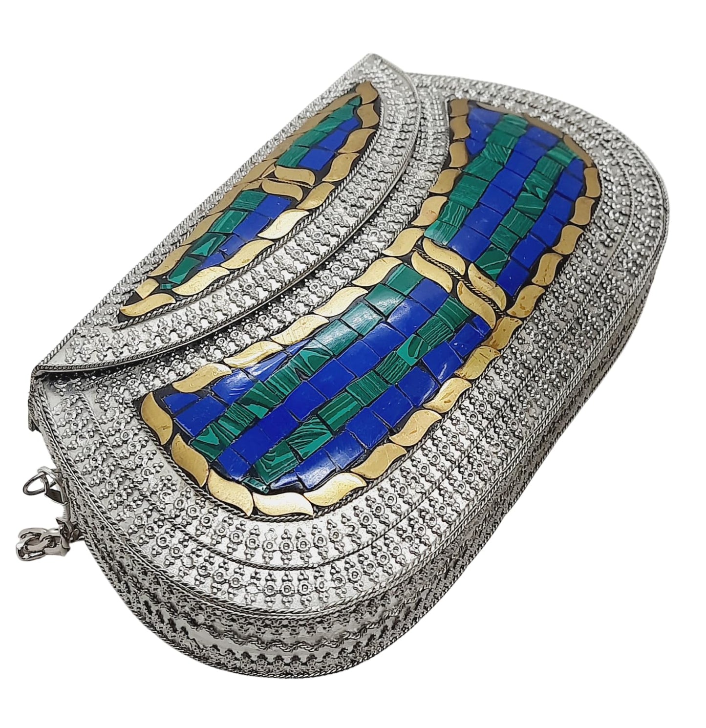 Trend Overseas Handmade Antique Stone Bag Ethnic Clutch - Metal Bag Perfect for Parties, Fits All Cellphone Models (Silver Green)