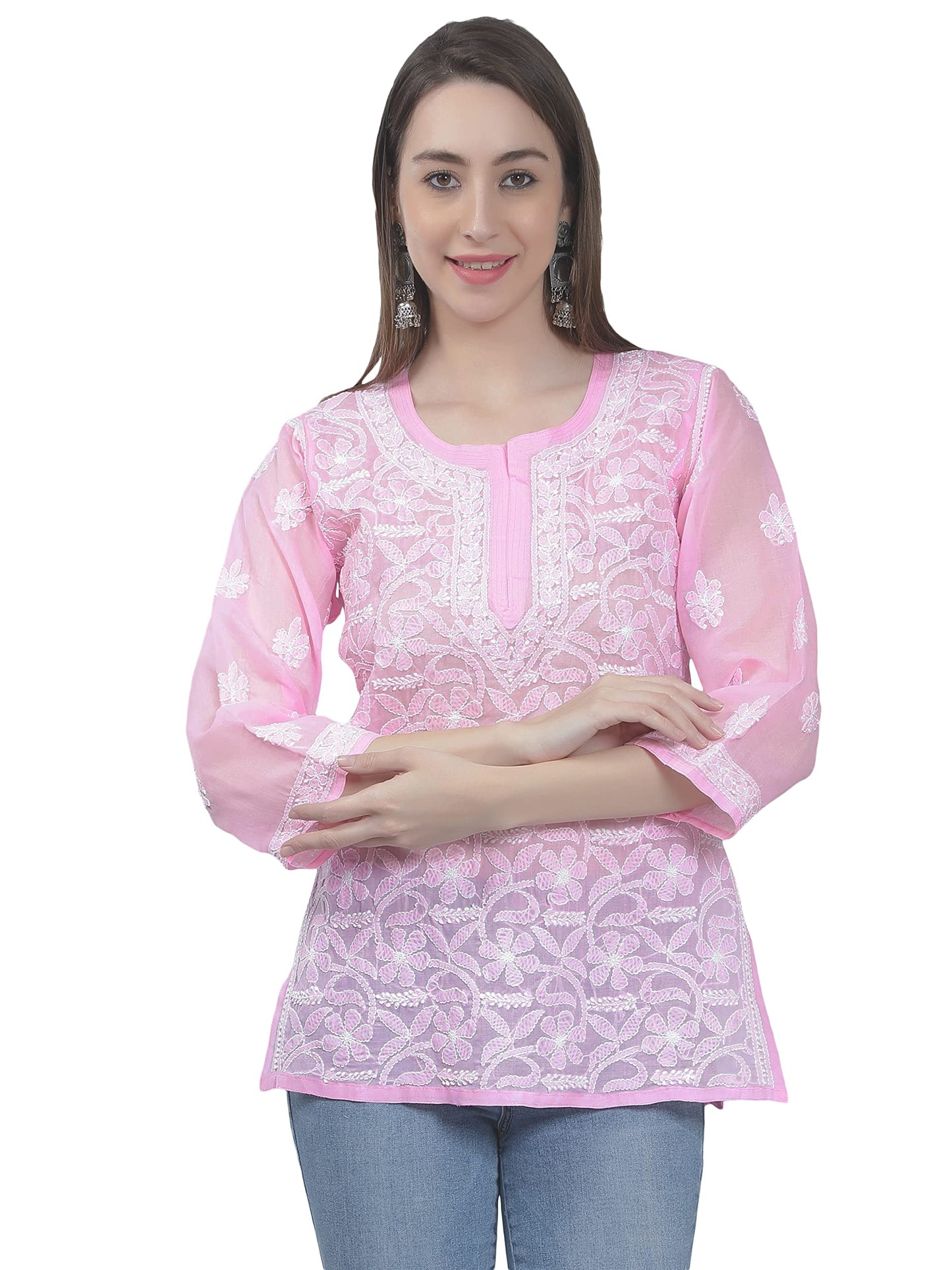 Seva Chikan Hand Embroidered Lucknowi Chikankari Pink Cotton Top Tunic for Women (Pink)