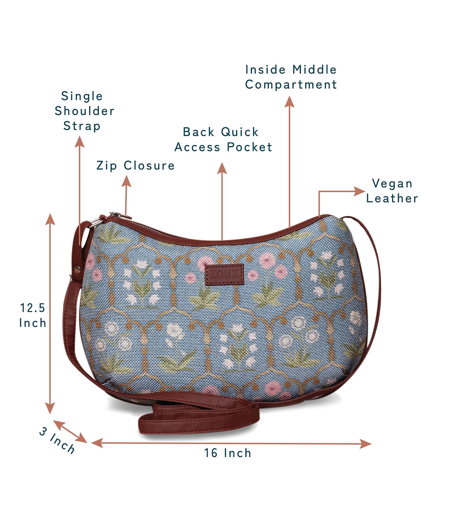 ZOUK 100% PeTA Approved Vegan Leather Jaipur Fresco Blue Print Shoulder Bag for Women