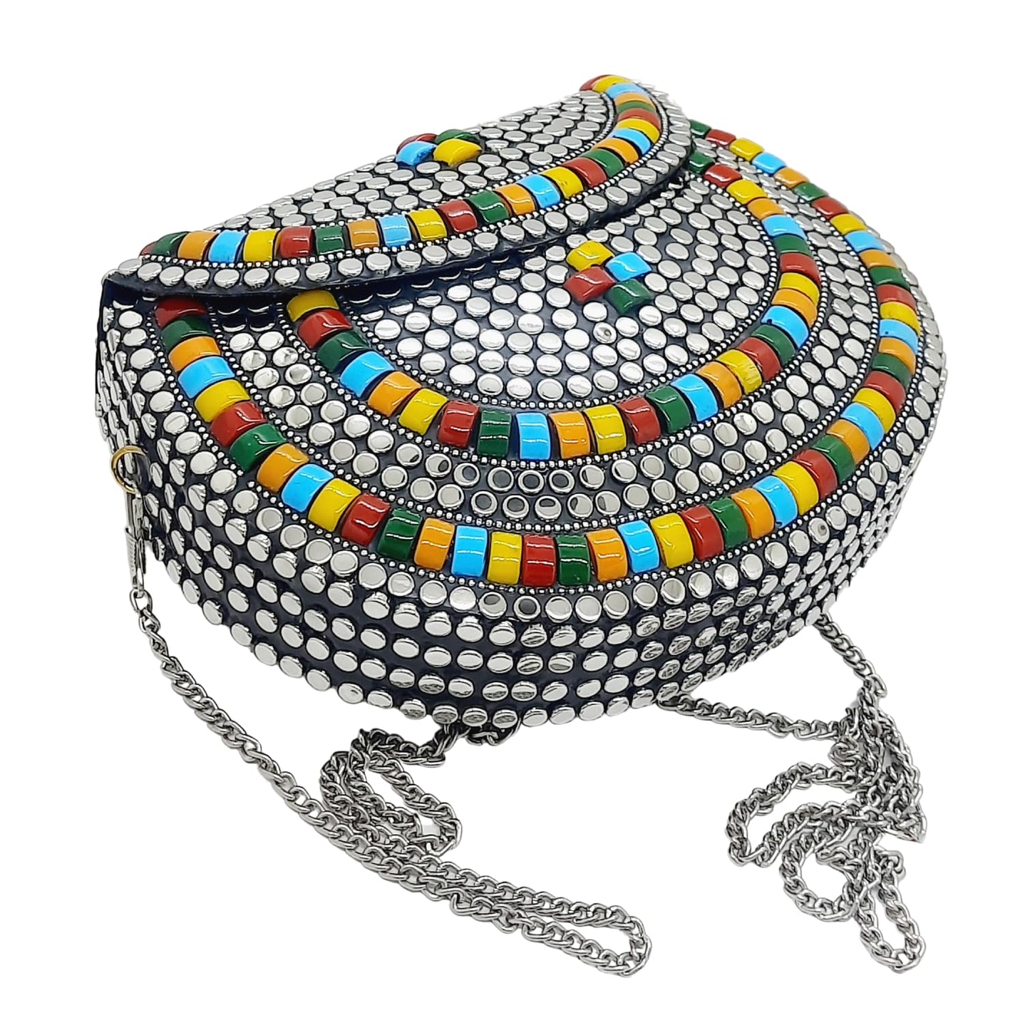 Trend Overseas Silver metal Beaded Ethnic purse Girls Bridal Bag cross body bag for women/Girl party clutch Metal clutches Vintage Brass (Multi Stone)