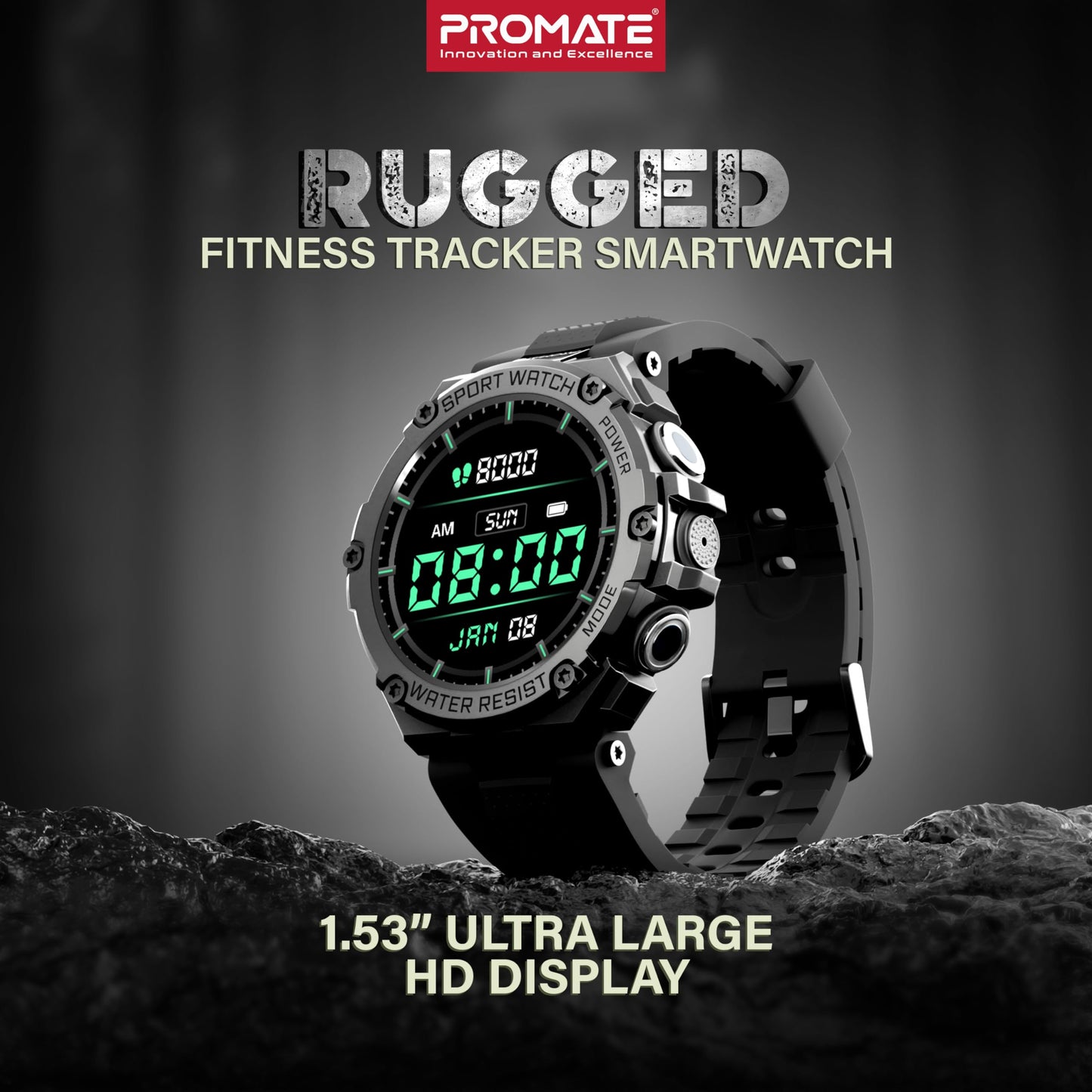 Promate Xwatch-R19 Rugged Smart Watch for Men, 1.53" Round Dial Smart Watch for Men with Bluetooth Calling, Water Resistant, AI Voice Assistance, 100+Modes & Faces, 15+ Days Long Battery (Black)