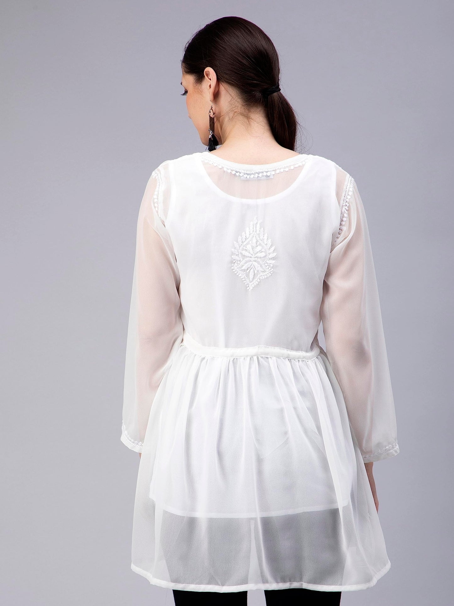 Seva Chikan Hand Embroidered Lucknowi Chikankari White Angarkha Georgette Women Short Top & Tunic with Slip (White)