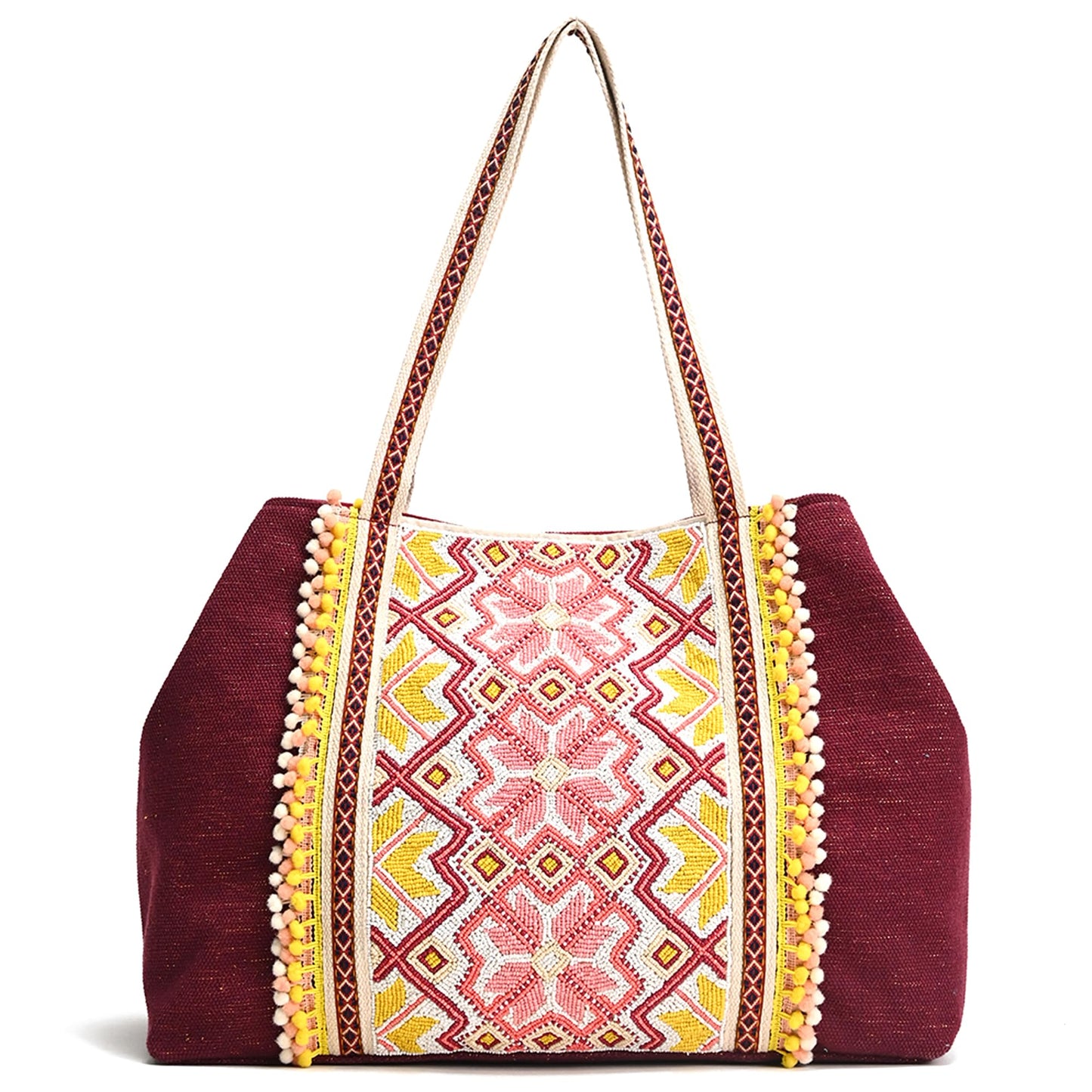 Boho Girl Geometric Beaded Maroon Tote with Pompom Tassles | Canvas Tote Bag for Women and Girls with Zip and Tassels