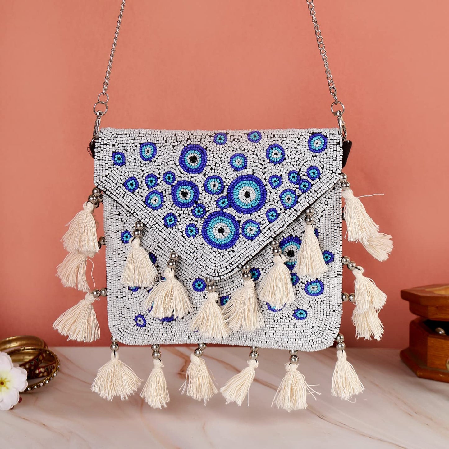 SWISNI White And Blue Designer Small Boho Bag| Clutch Sling Bag Indian Ethnic Clutch| Handcrafted Stylish Women's Bridal Clutch