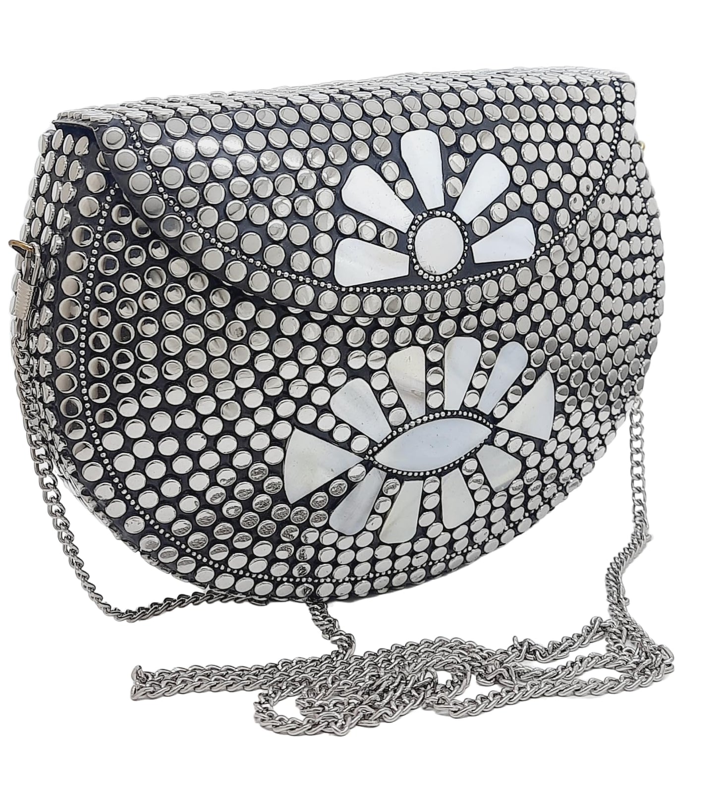 Trend Overseas Silver metal Beaded Ethnic purse Girls Bridal Bag cross body bag for women/Girl party clutch Metal clutches Vintage Brass (Sunflower)