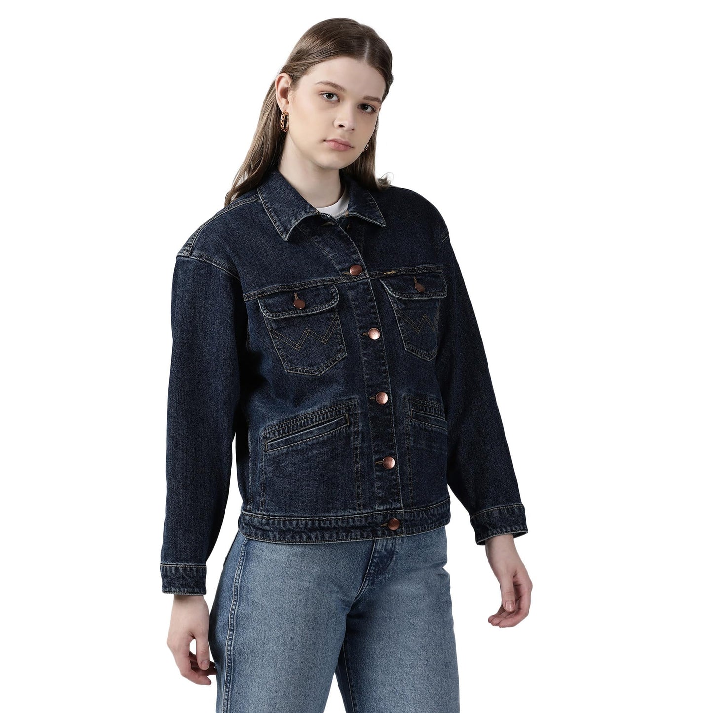 Wrangler Women's Solid Blue Denim Jacket (Oversize)