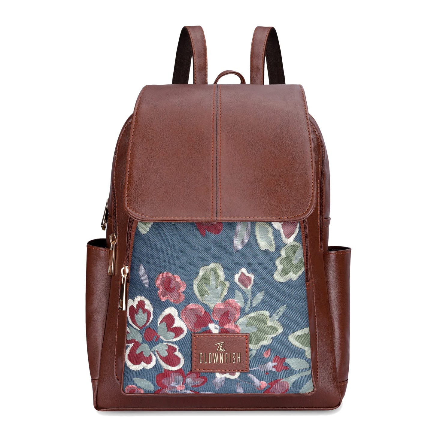 THE CLOWNFISH Minerva Faux Leather & Tapestry Women's Backpack College School Bag Casual Travel Backpack For Ladies Girls (Persian Blue- Floral)