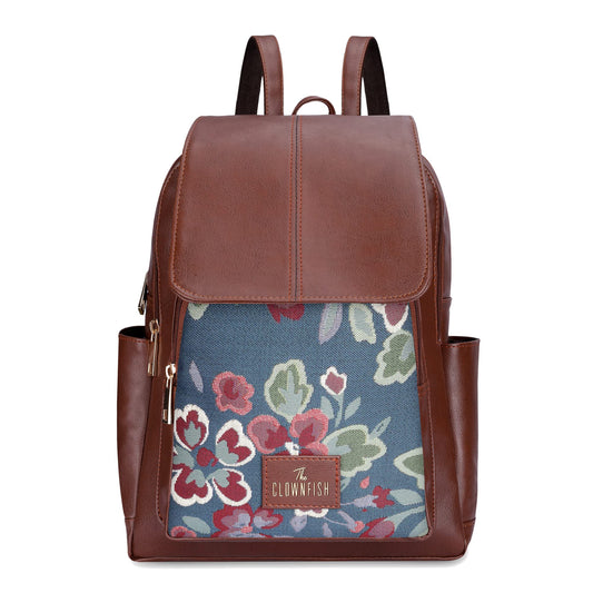 THE CLOWNFISH Minerva Faux Leather & Tapestry Women's Backpack College School Bag Casual Travel Backpack For Ladies Girls (Persian Blue- Floral)