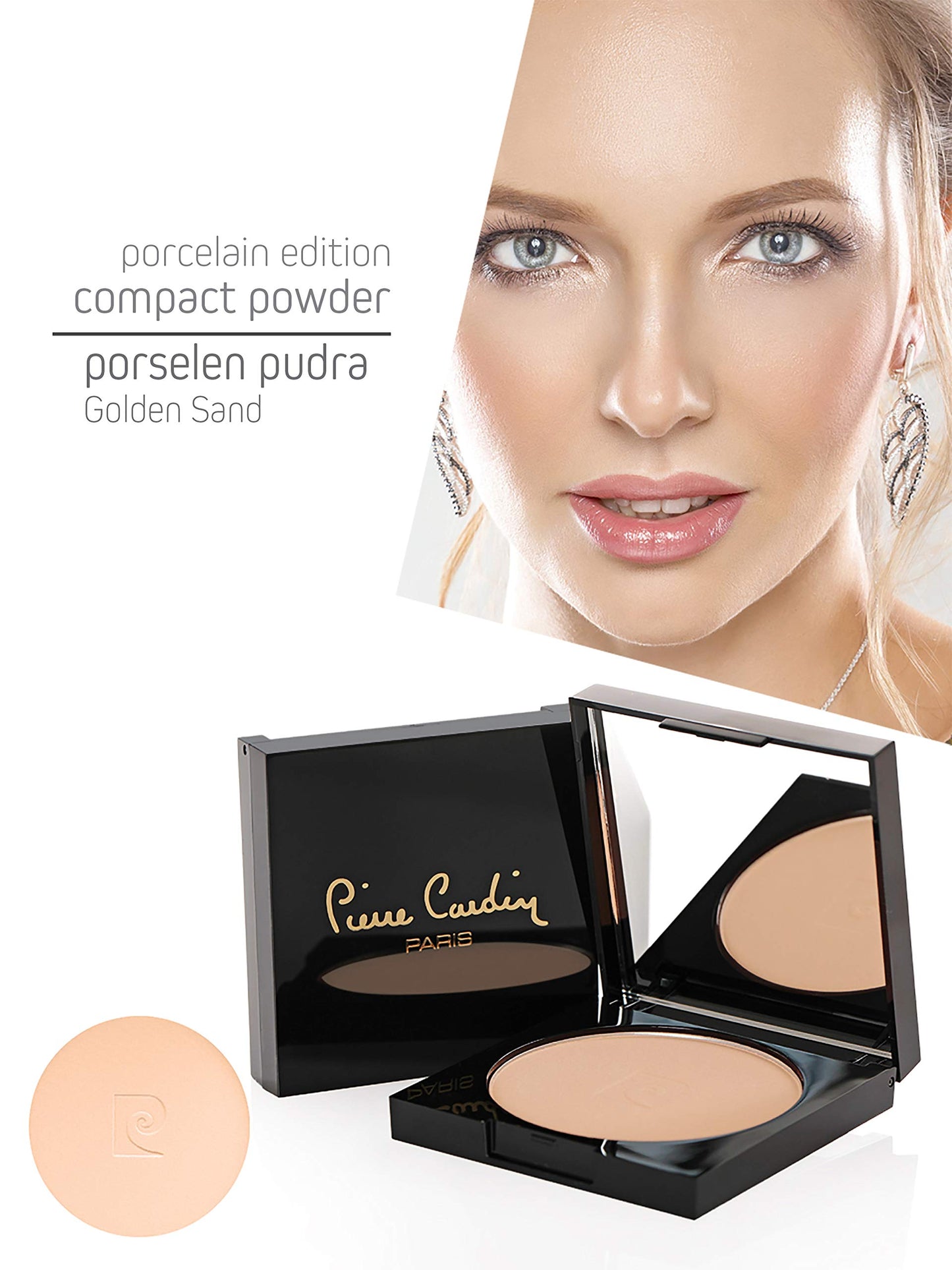 Pierre Cardin Paris, Porcelain Edition Campact Powder, Bright Perfecting Finish, Flawless & Cashmere Finish, For Oily Skin (160-Golden Sand)
