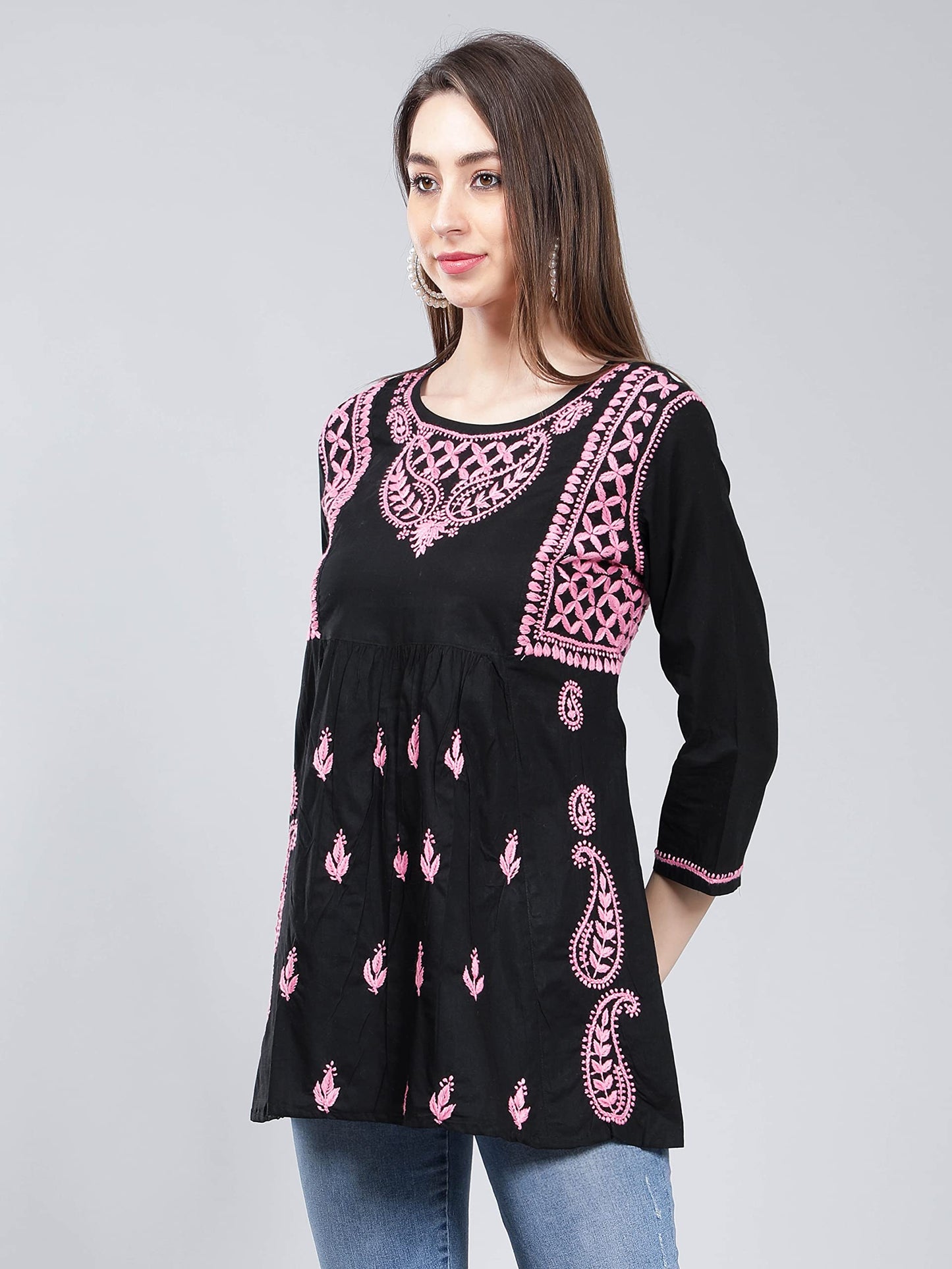 Seva Chikan Hand Embroidered Lucknowi Chikankari Black Cotton A-Line Short Top Tunic for Women (Black)