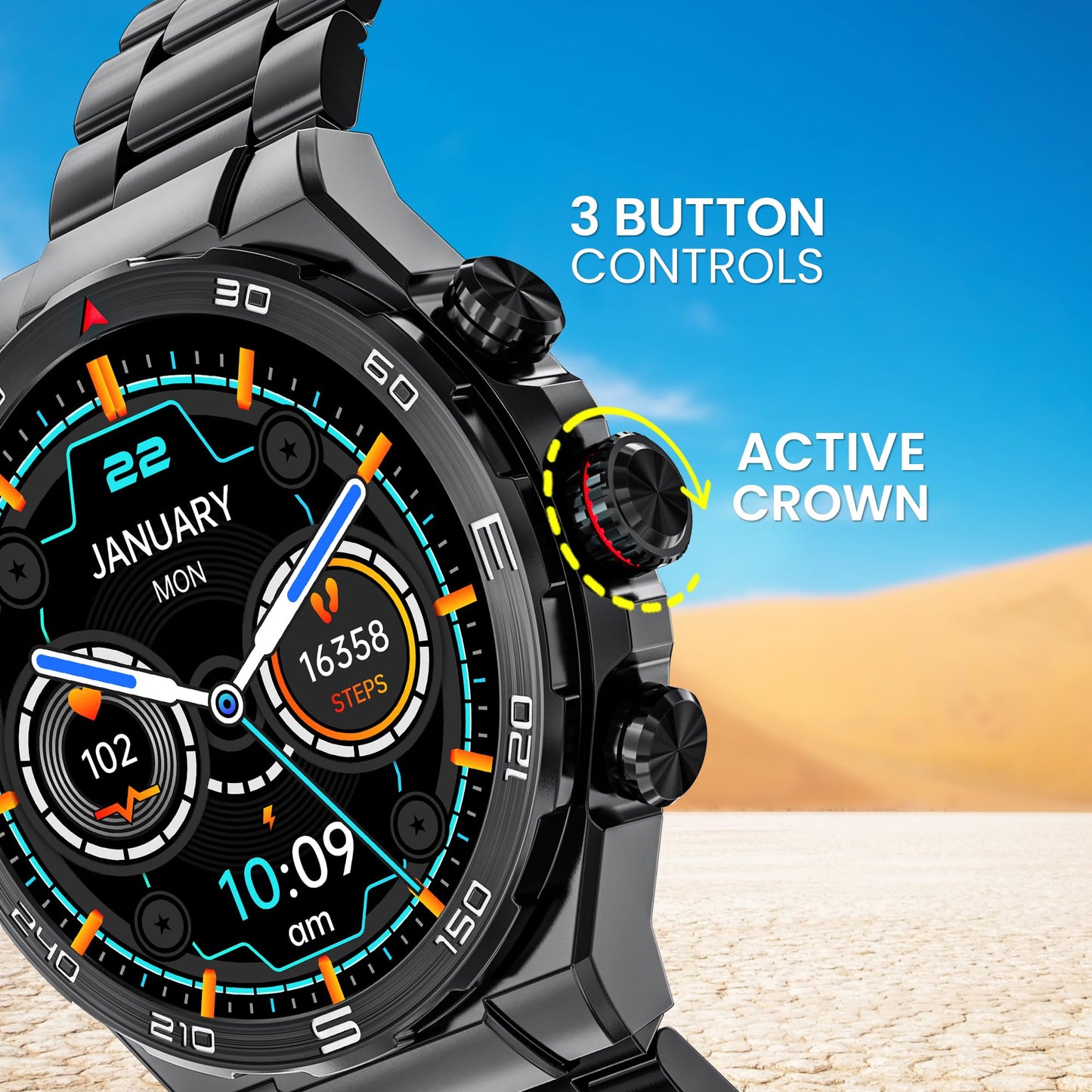 GIZMORE IKON Luxe 3.93cm (1.55) FHD Display | AOD with 600 NITS I Active Crown & 3 Buttons Control | IP68 | Zinc Alloy Metal Body | 15 Days Battery & 120 Sport Modes I BT Calling Smartwatch (Black)