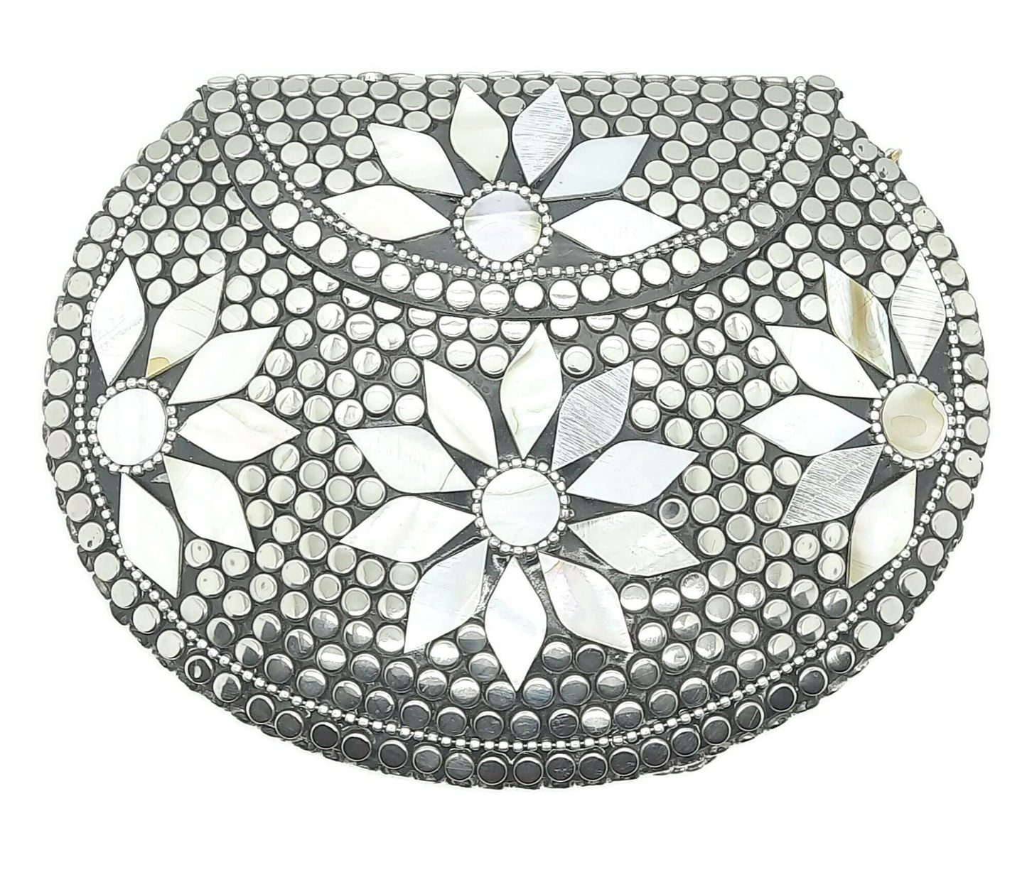 Trend Overseas Silver metal Beaded Ethnic purse Girls Bridal Bag cross body bag for women/Girl party clutch Metal clutches Vintage Brass (MOP Flower)