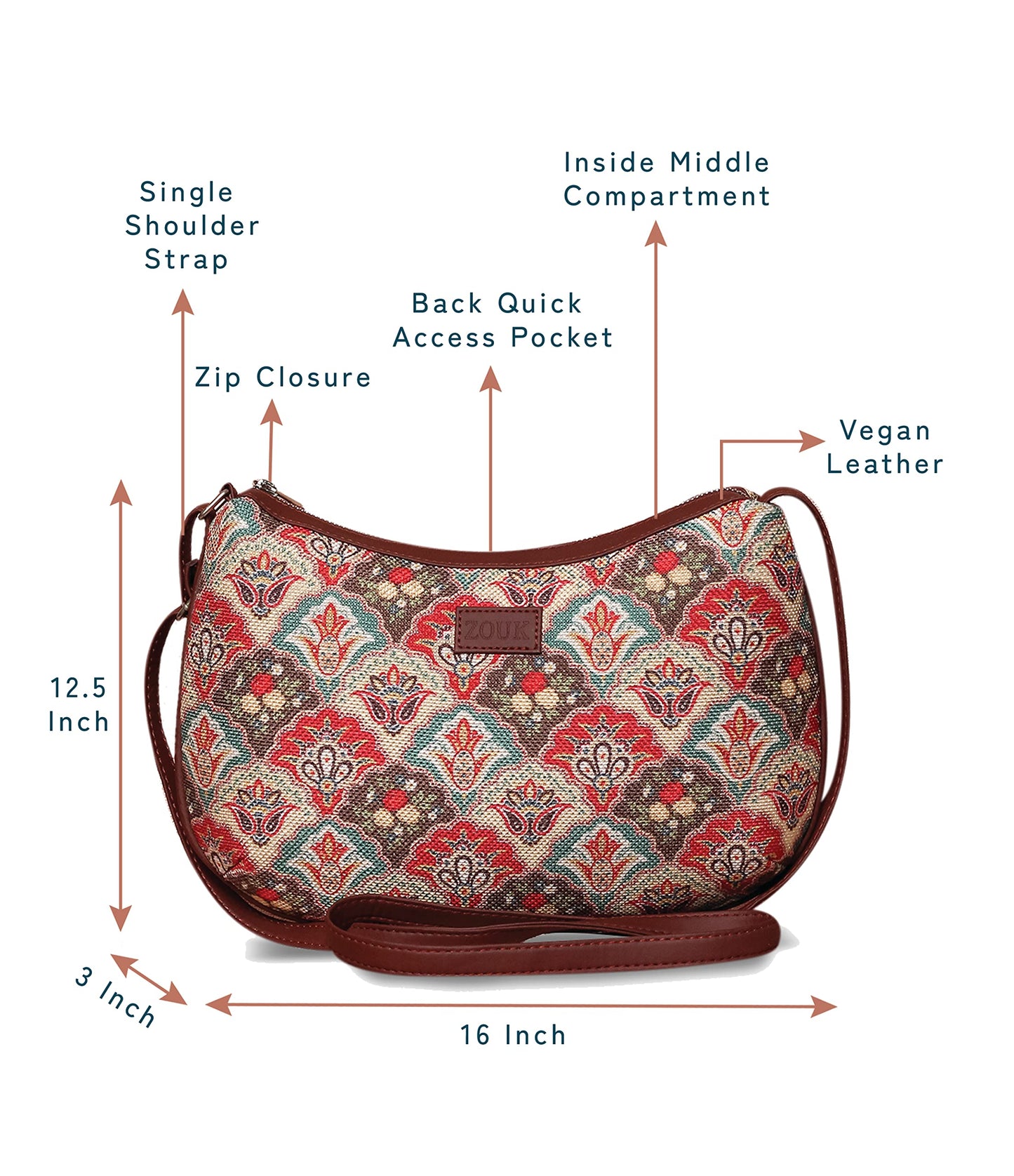 ZOUK 100% PeTA Approved Vegan Leather Mughal Art Multicolor Print Shoulder Bag for Women