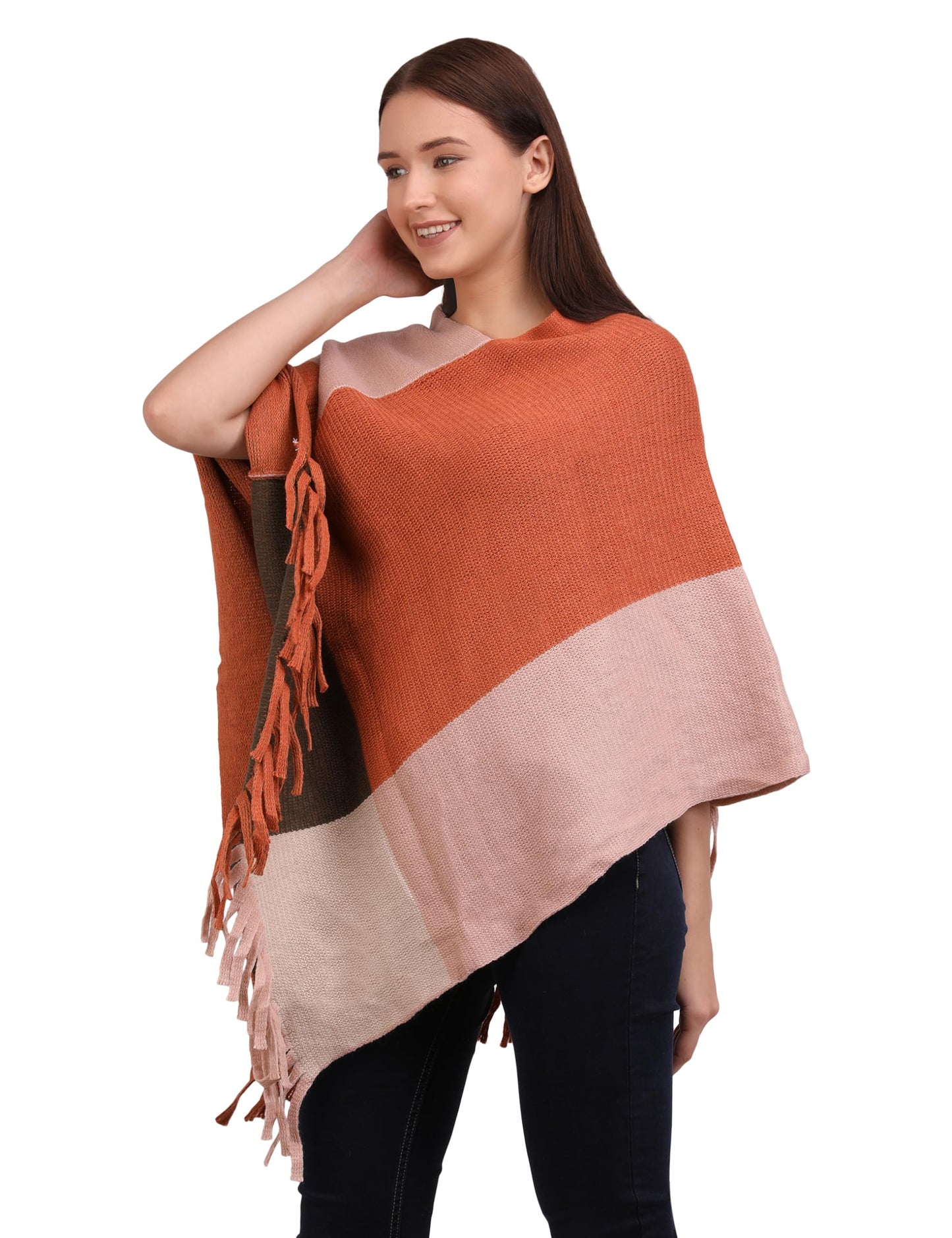 MANRA Women's Kashmiri Woolen V-Neck Strip Poncho Cape Coat for Winter (Pink- Rust)