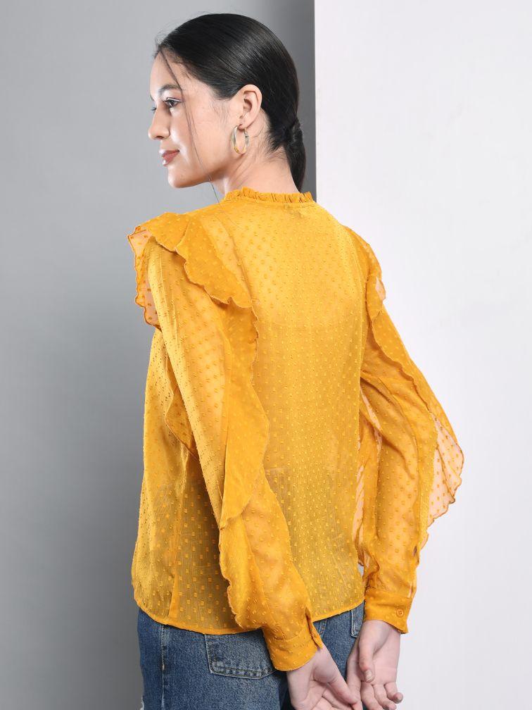 Trend Arrest Women's Polyester Yellow Dobby Ruffle Sleeve Top