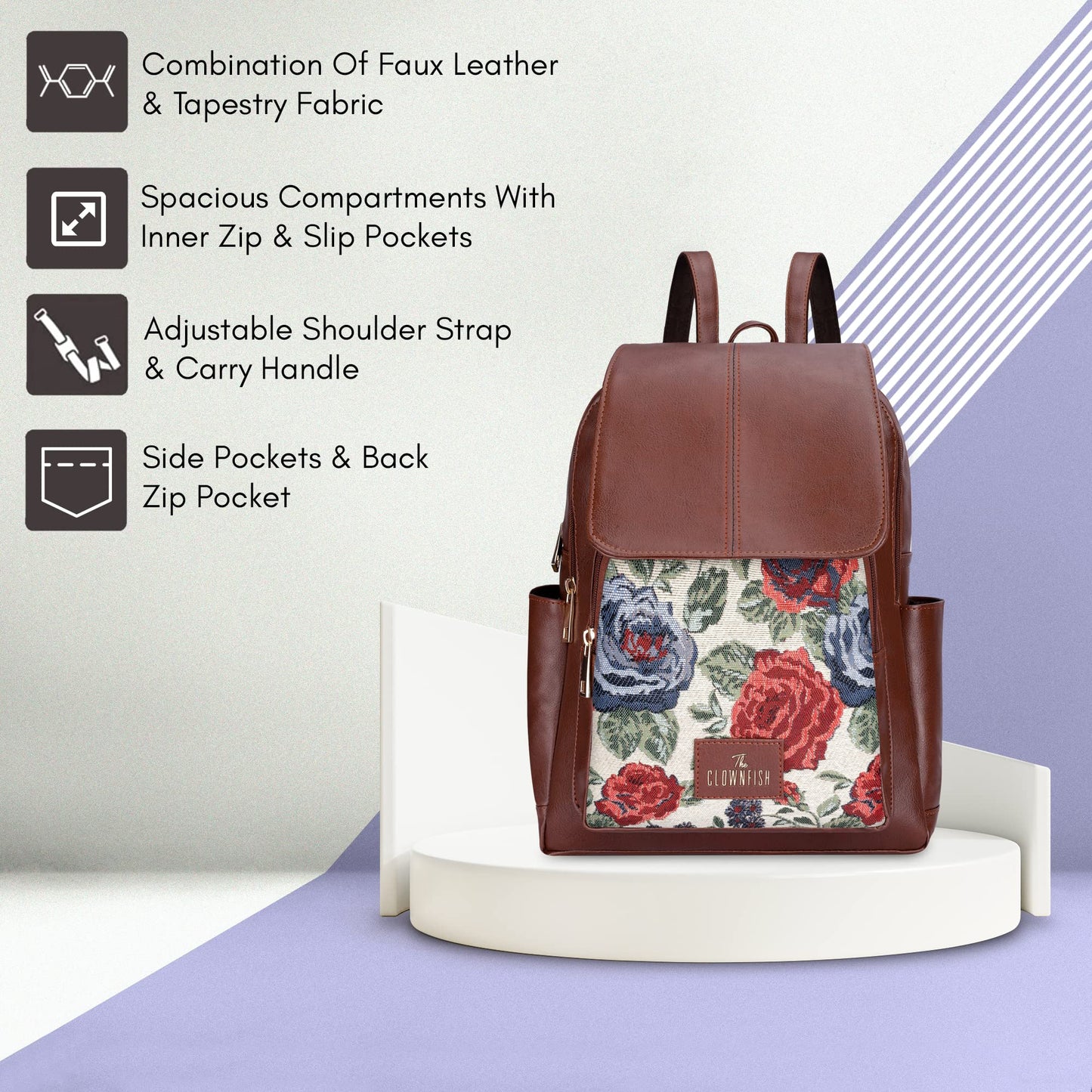 The Clownfish Medium Size Minerva Faux Leather & Tapestry Women'S Backpack College School Bag Casual Travel Backpack For Ladies Girls (Red- Floral)