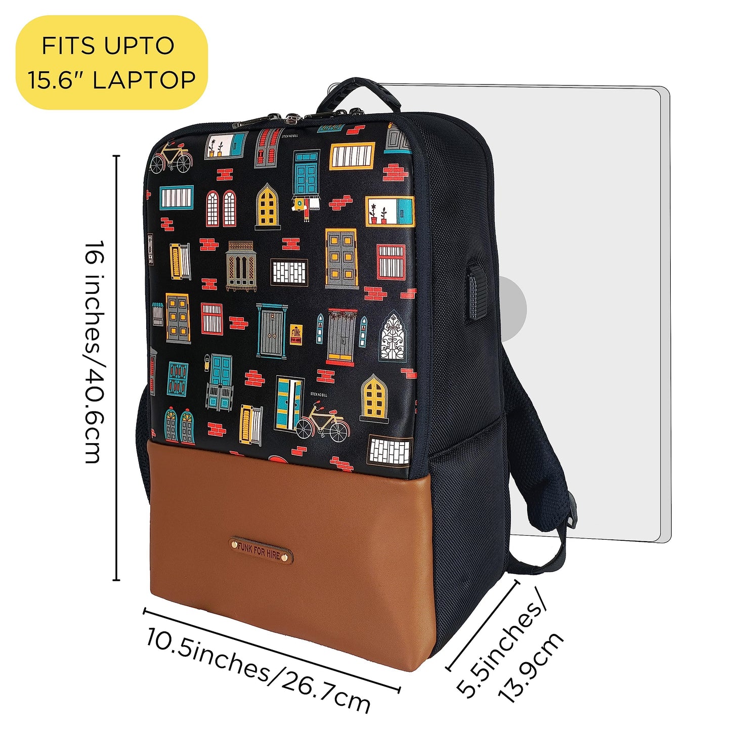 Funk For Hire Printed Leatherette 15.6" inch Laptop Backpack with USB Charging Port - Black