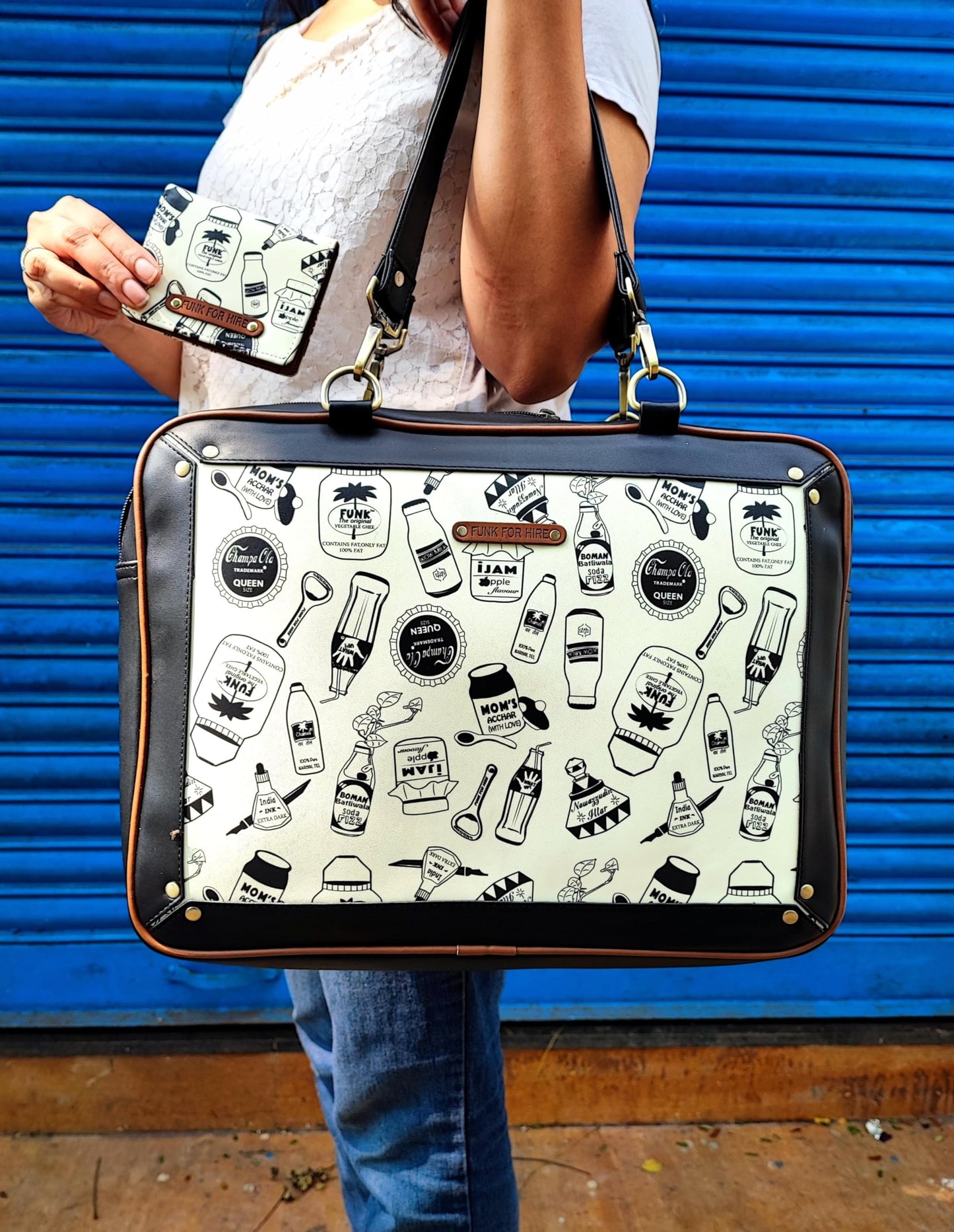 Funk For Hire Unisex-Adult Leatherette Printed 2 In 1 Backpack Shoulder Bag Handbag Fit Upto 15.6" Laptop Size - Black And White