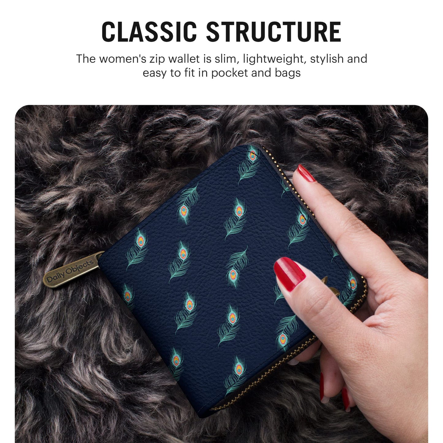 DailyObjects Navy Feathers Women's Zip Wallet | Made with Leather Material | Carefully Handcrafted | Holds up to 8 Cards | Slim and Easy to Fit in Pocket | Coin Pocket with Button Closure