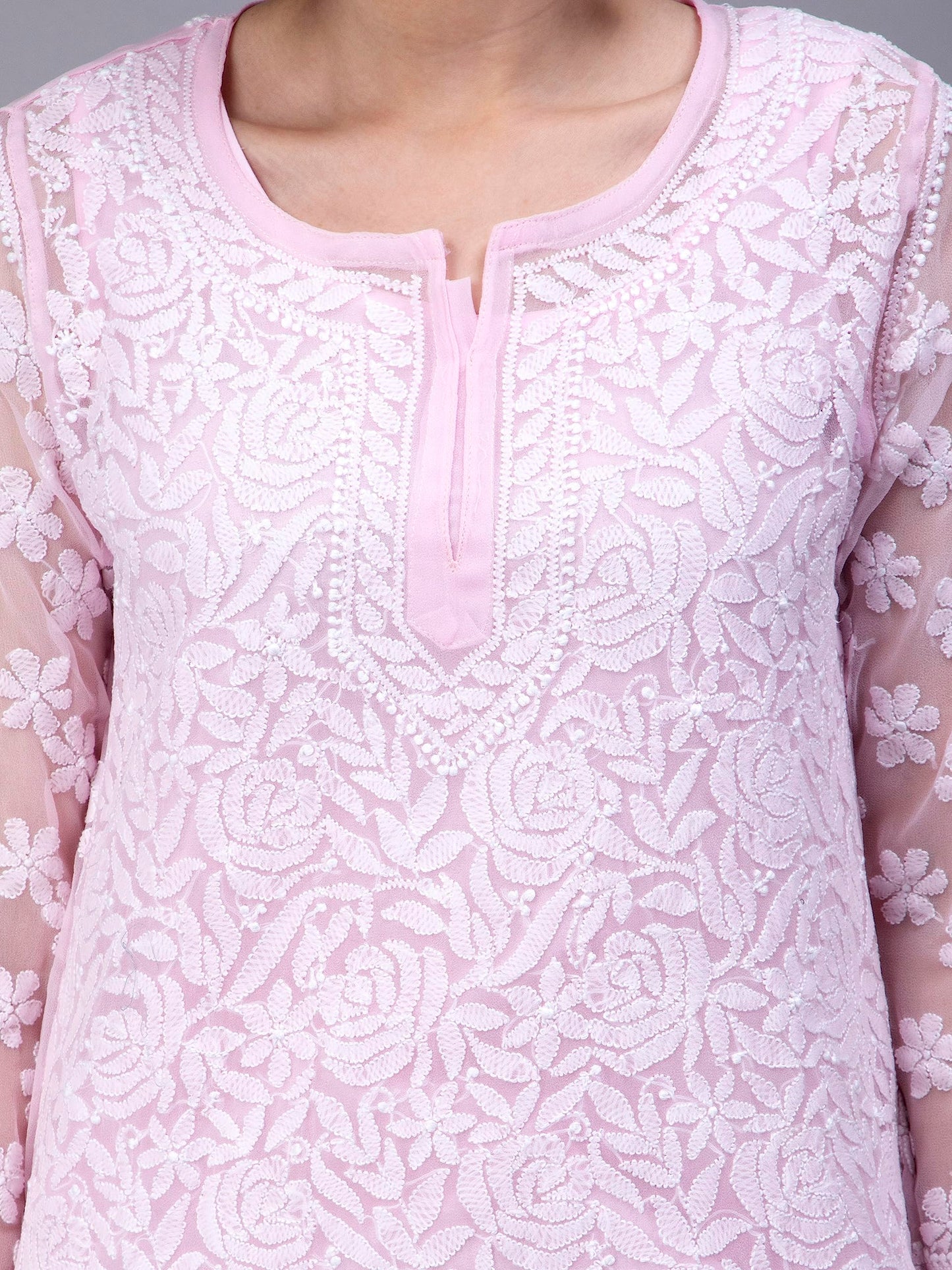 Seva Chikan Hand Embroidered Lucknowi Chikankari Pink Georgette Women Short Top & Tunic (Pink)